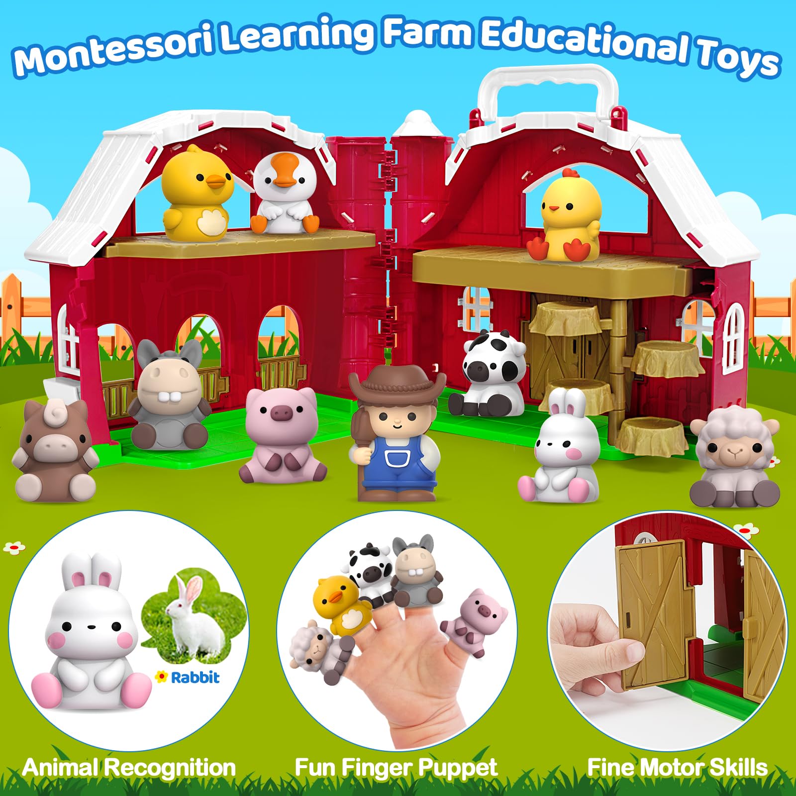 Aigybobo Farm Animals Big Barn Toys for 1 2 3 Year Old, Toddler Montessori Learning Toy, Farm Playset with Animal Figures and DIY Stickers, Christmas Birthday Gift for Baby Boys Girls Age 12-18 Months