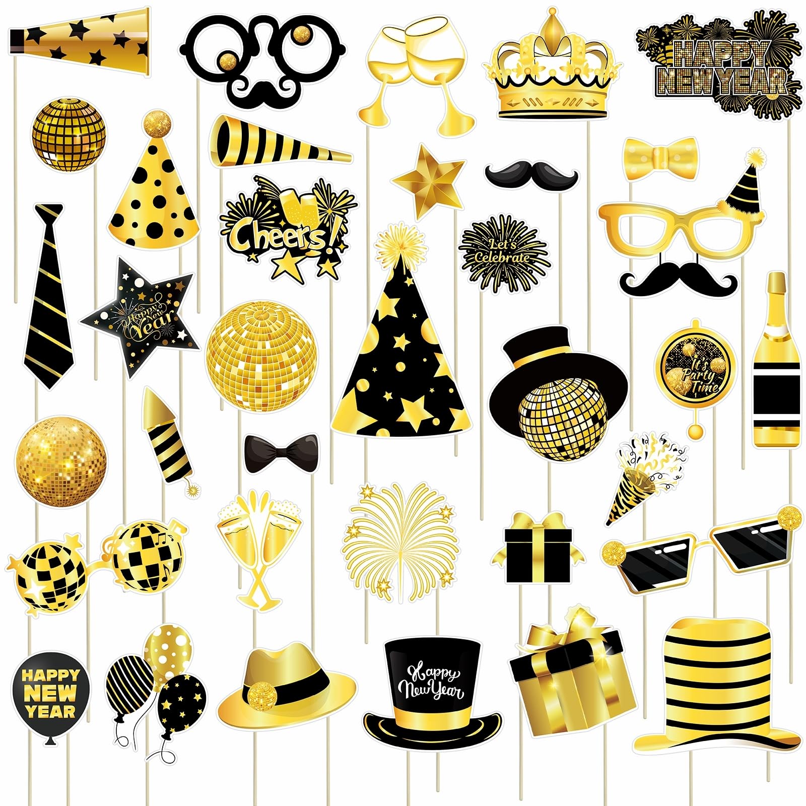 80 Pcs New Years Eve Party Supplies 2025 Happy New Year Decorations - Include Happy New Year Banner, Cone Hats, Tiaras, Balloons, Fringe Curtain and New Year Photo Props