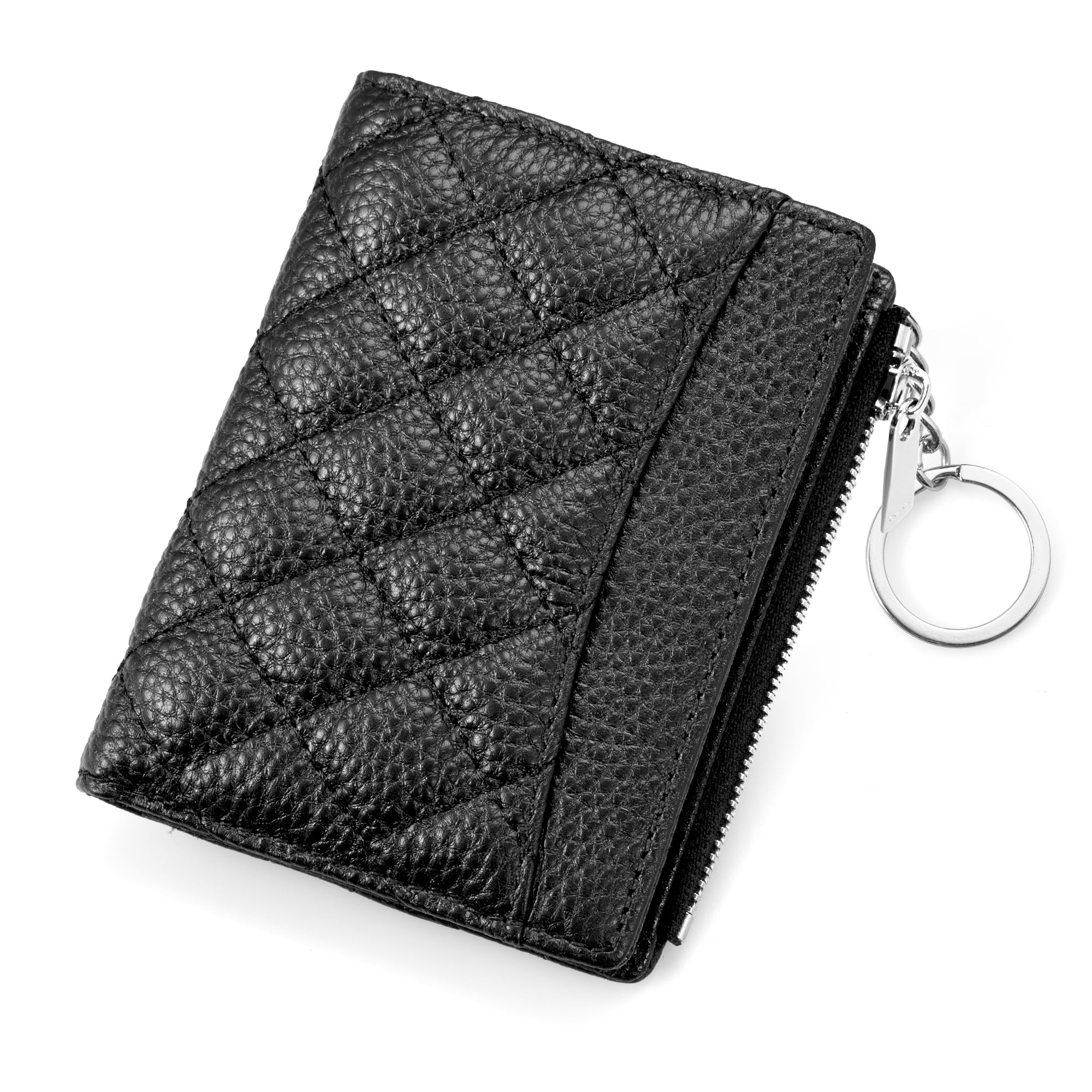 befen Genuine Leather RFID Wallet Women, Small Slim Keychain Wallets with Card Slots, Zipper Coin Holder - Black