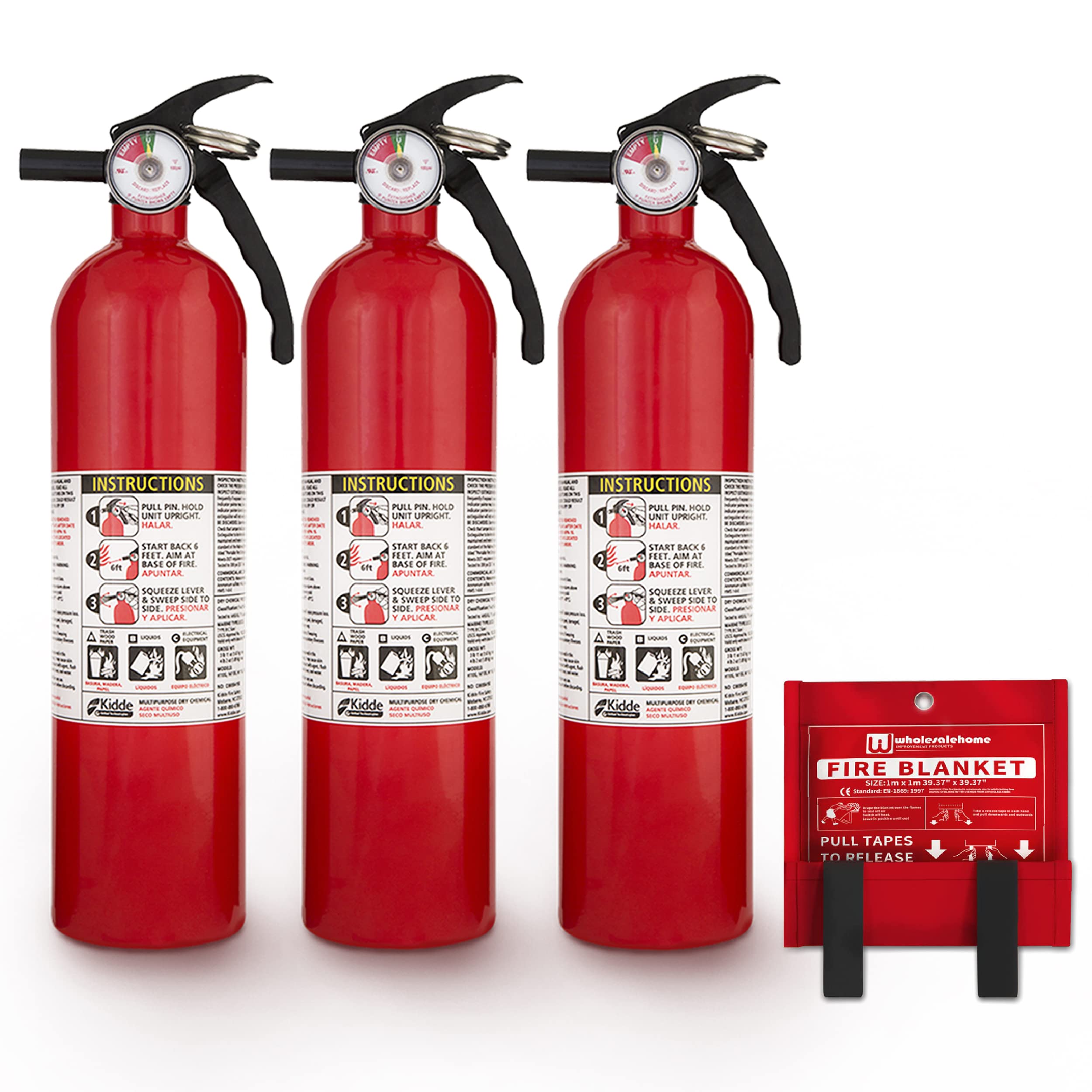 Kidde FA110 Multi Purpose Fire Extinguishers for The House and Boat with Wall Mount Bracket, (Rating 1-A:10-B:C) 3 Pack, Includes Wholesalehome Fire Blanket