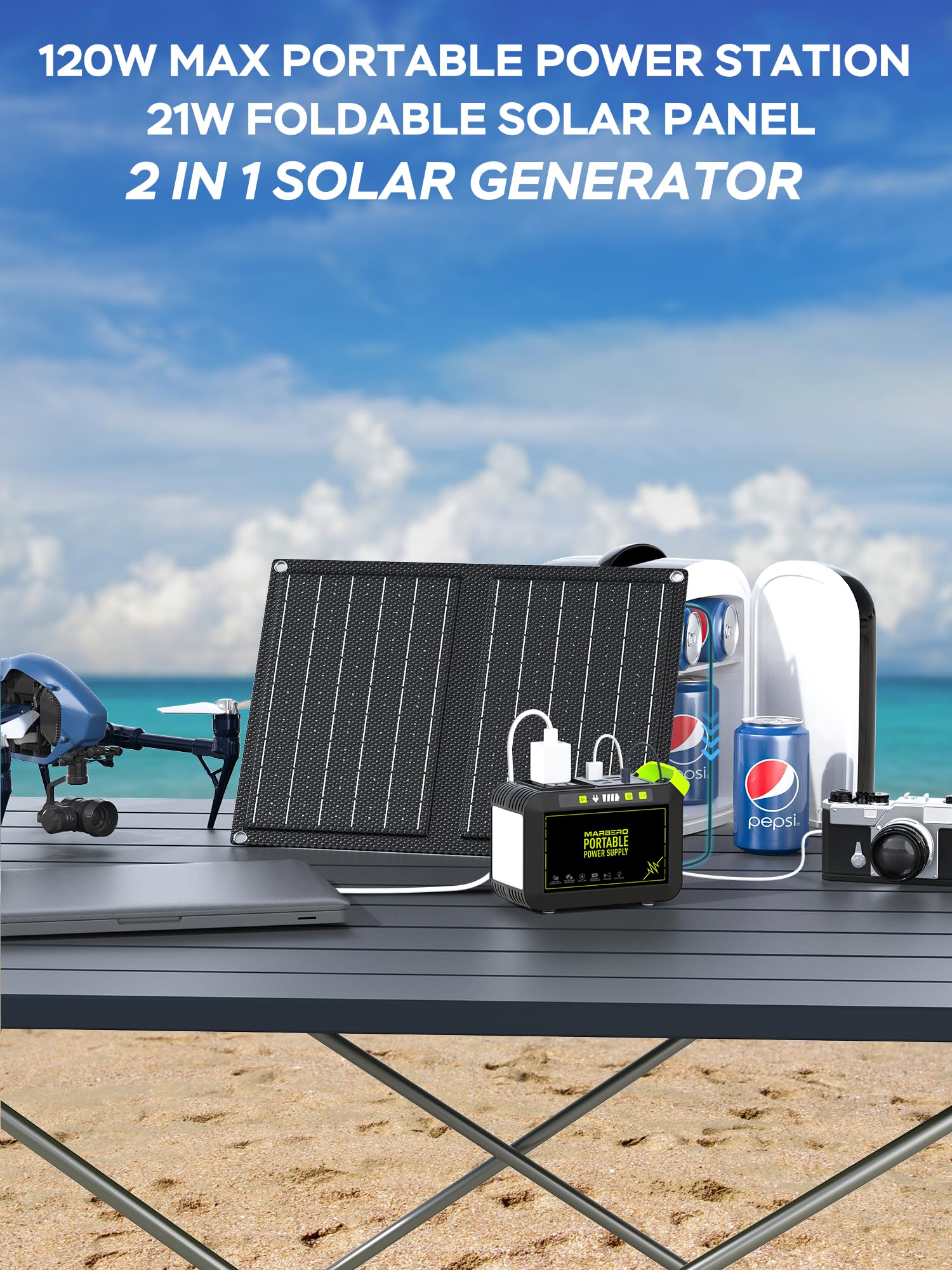 MARBERO Camping Solar Generator 88Wh Portable Power Station 120W Peak Generator with Solar Panel Included 21W, AC, DC, USB QC3.0, LED Flashlight for Outdoor Home Camping Fishing Emergency Backup