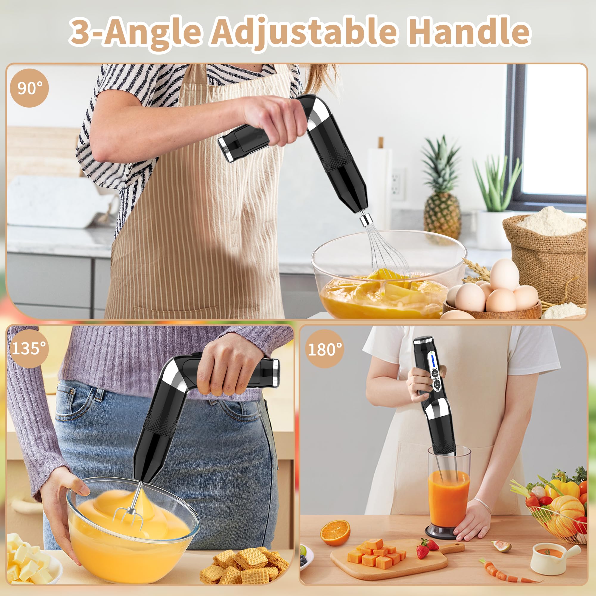 Cordless Immersion Blender: 4-in-1 Rechargeable Electric Hand Blender, 21-Speeds & 3-Angle Adjustable with 700ml Chopper, 700ml Beaker, Egg Whisk and Beater for Smoothies, Soup, Baby Food (Black)