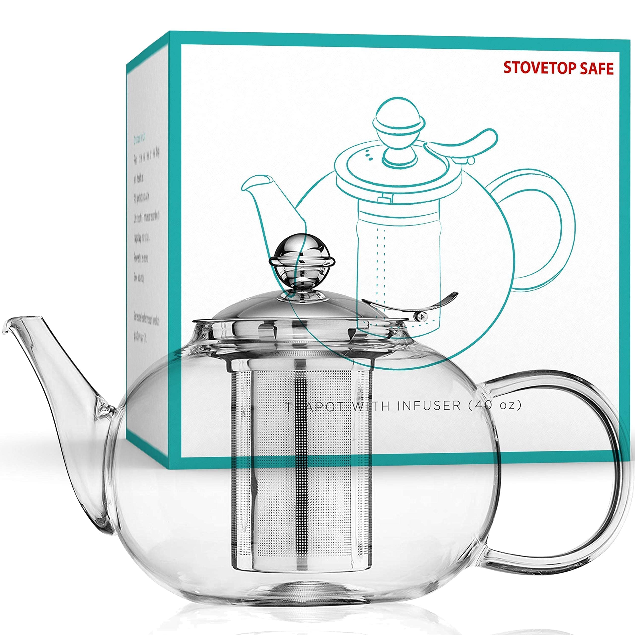 Glass Teapot Stovetop Safe - Stainless Steel Infuser - Blooming and Loose Leaf Tea Pot - Large Capacity 1200ml/40oz by Nest Above