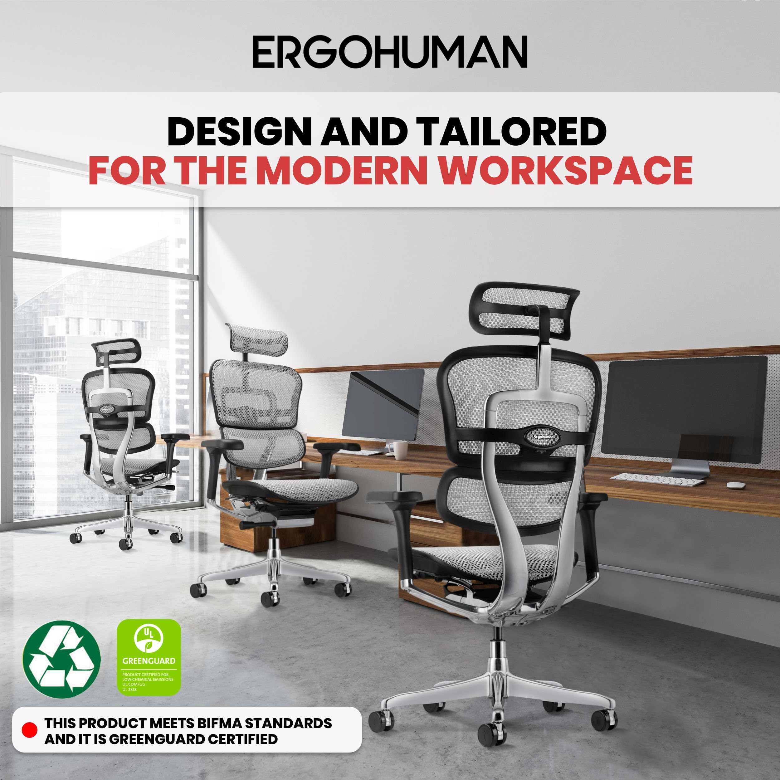 Ergohuman Eurotech GEN2 High Back, Mesh Executive Office Chair with Adjustable Lumbar Support – Ergonomic Tilt Control, Seat Slider, Armrests and Headrest Adjustment, Grey