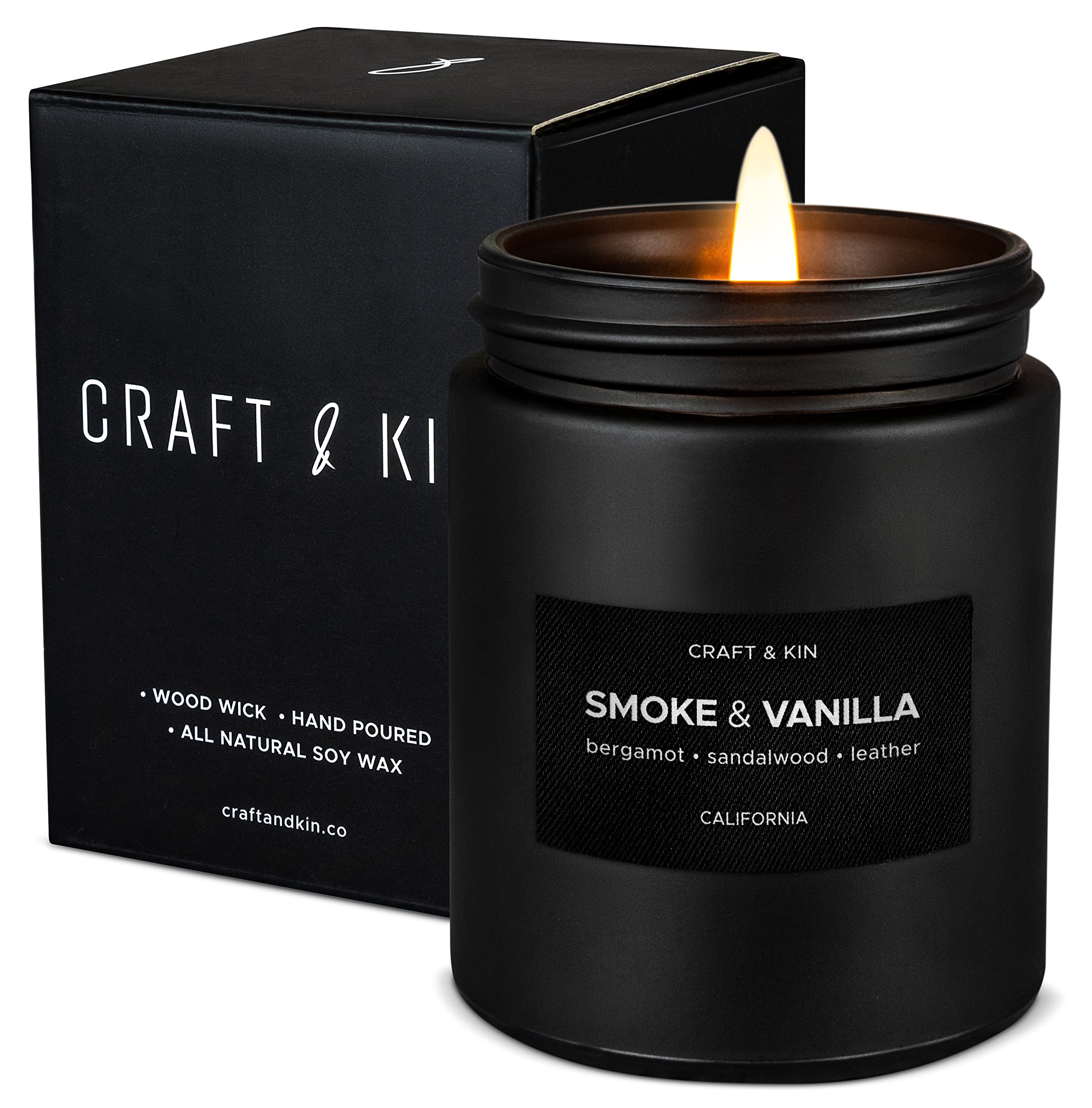 Craft & Kin Smoke & Vanilla Candle | Scented Candle for Men | Masculine Candle | Soy Candle | Scented Candle for Home Scented | Black Candles | Long Lasting Candles with 45 Hour Burn Time 7.6oz