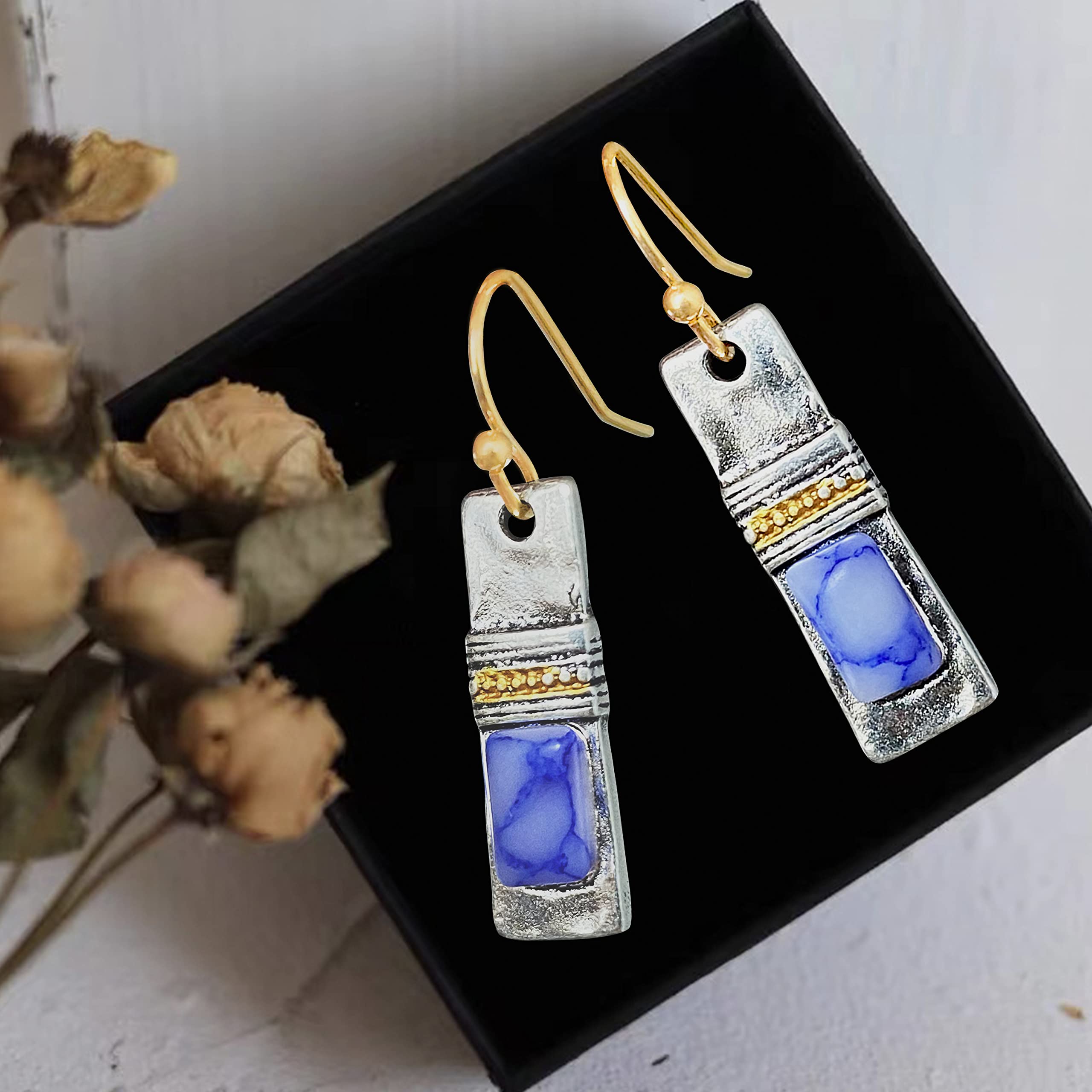 Unique Handmade Bohemian Enamel Vintage Matt Silver Bar Dangle Earrings Chic Round Blue Gemstone Geometric Square Drop Earrings for Women Statement Jewelry (Silver)