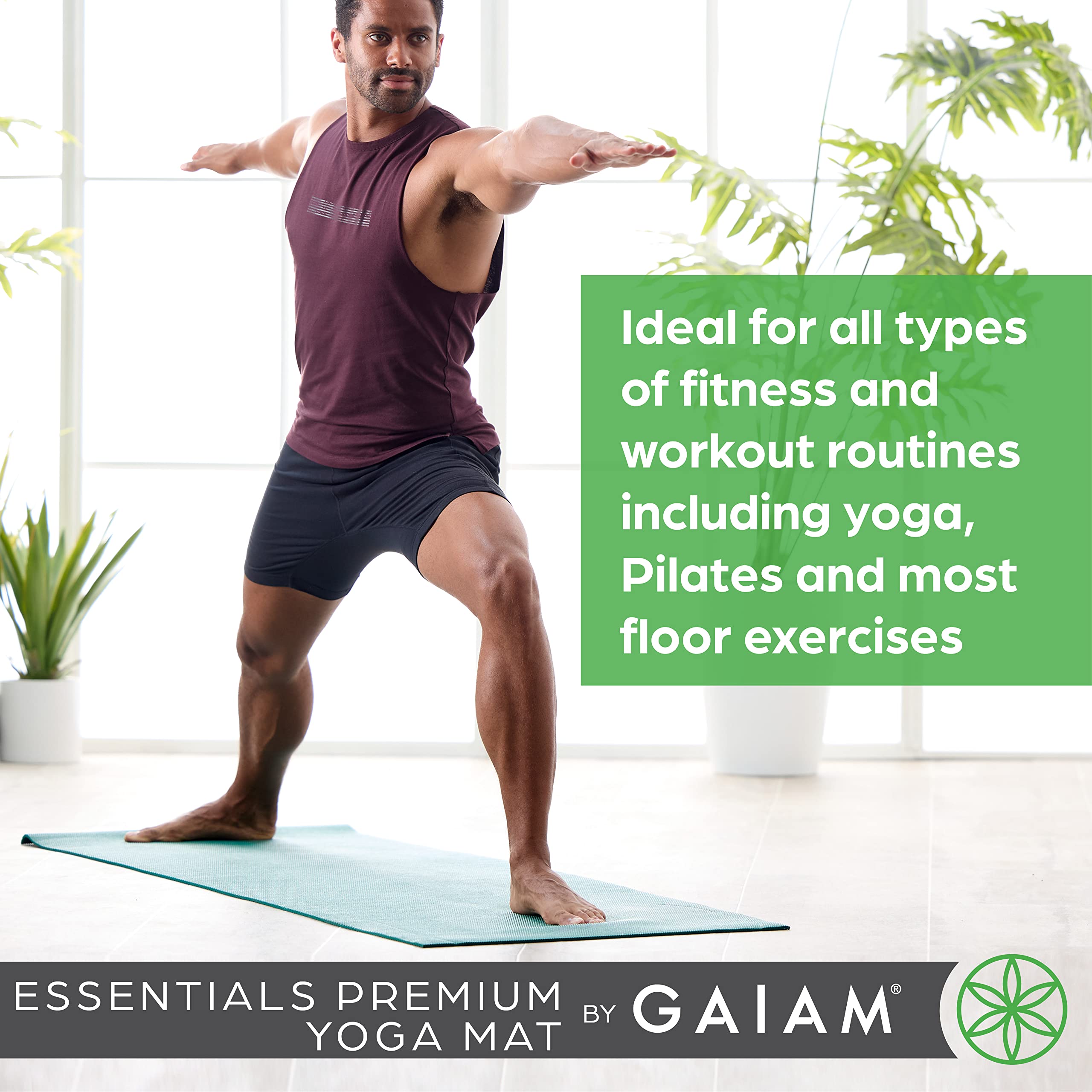 Gaiam Essentials Premium Yoga Mat with Carrier Sling, Black, 72 InchL x 24 InchW x 1/4 Inch Thick