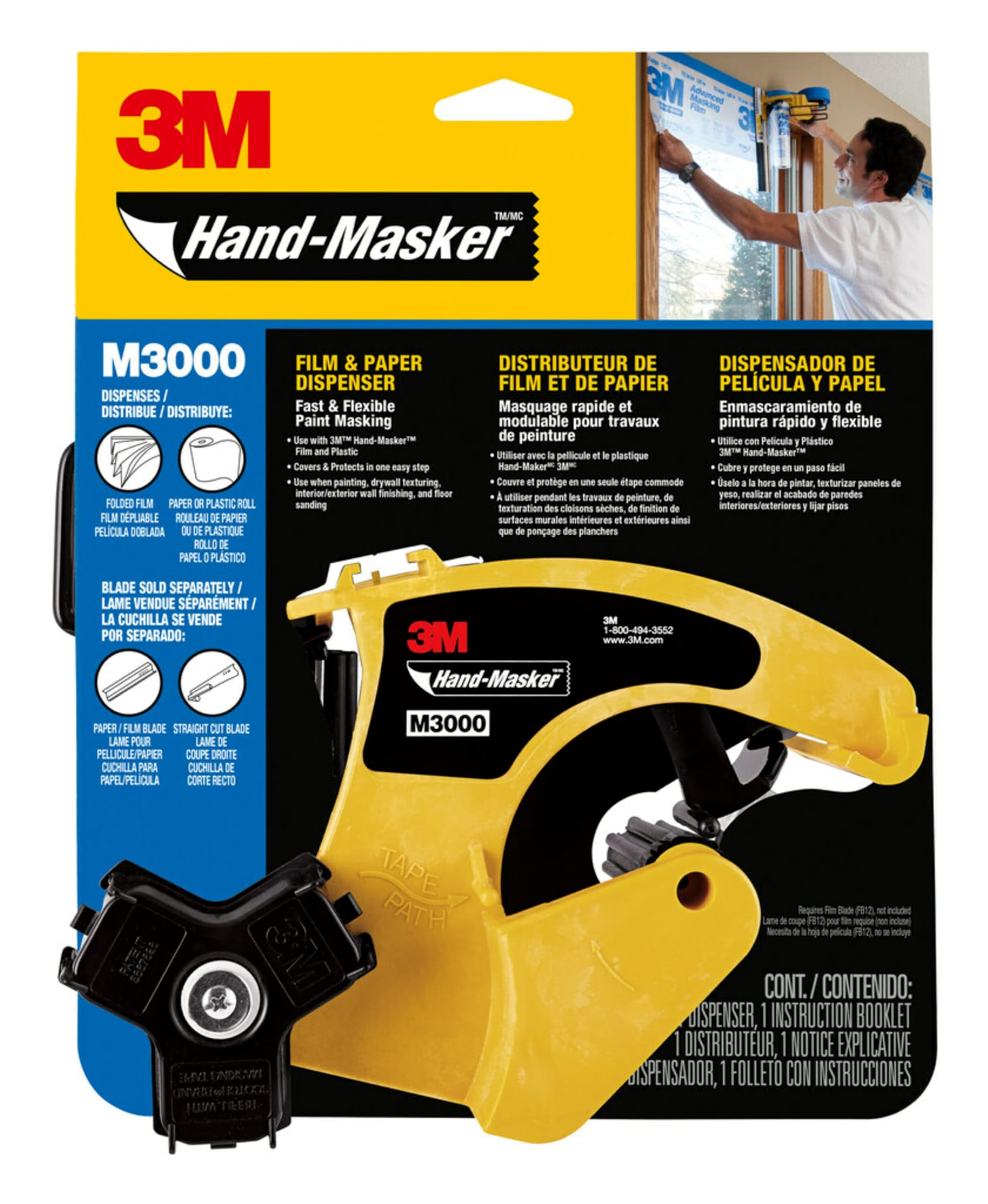 3M Hand Masker M3000 Tape Dispenser, Film & Tape, Applies Painter's Tape to Masking Film or Paper in One Continuous Application, Compact & Lightweight Design, Saves Time When Preparing For Painting