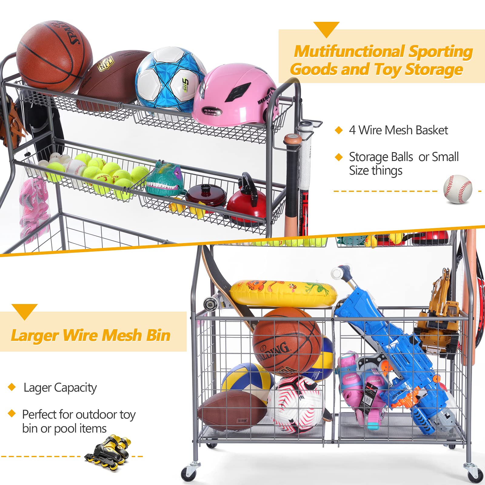 Kinghouse Garage Sports Equipment Organizer, Ball Storage Rack, Toy Storage, Nerf Gun Organization on Wheels for School, Garage, Black, Steel (Grey)