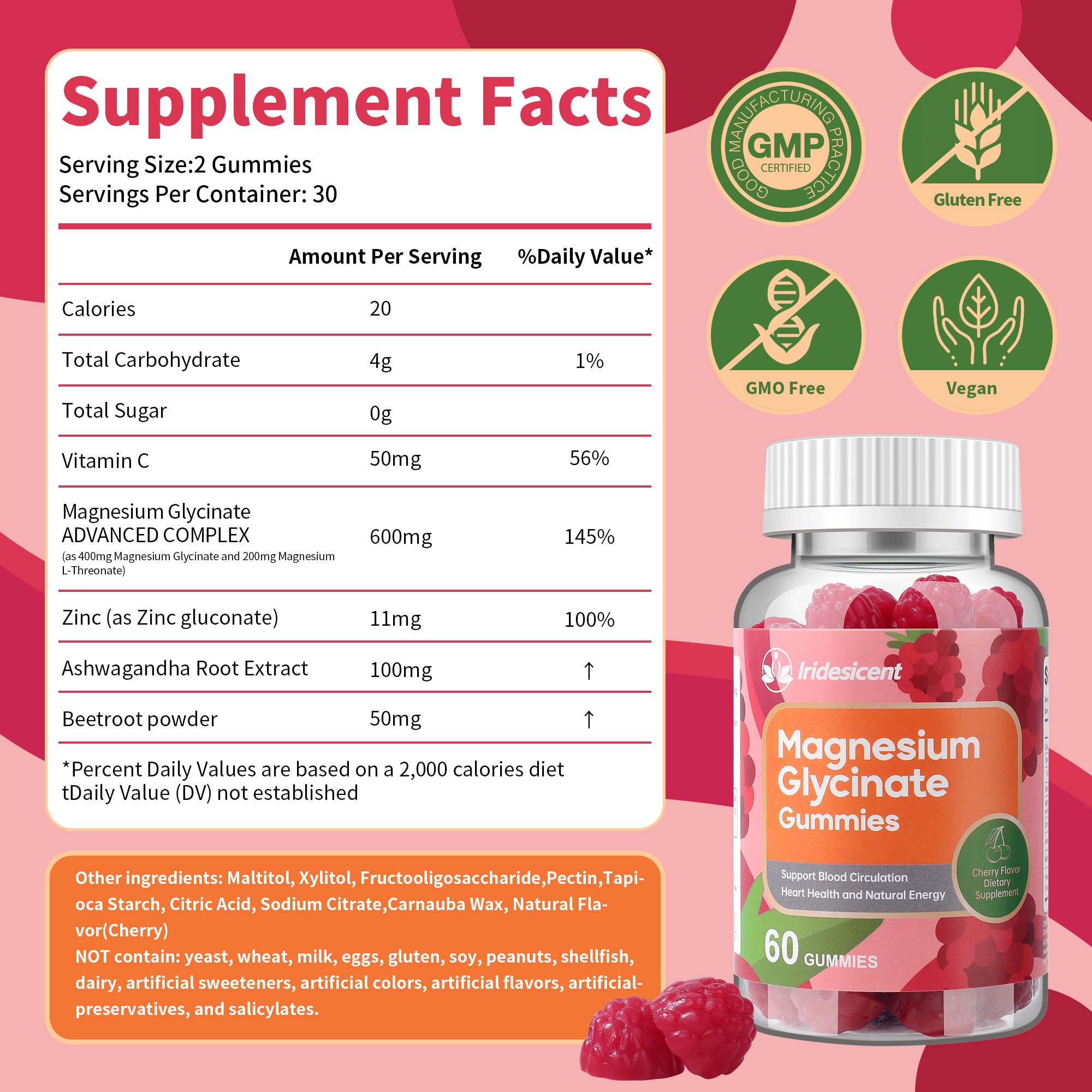 Magnesium Glycinate Gummies 400mg, Sugar Free Magnesium Supplement w/Magnesium L-Threonate 200mg, Ashwagandha, Zinc, Vegan Magnesium Glycinate Supplement for Adults - 120 Cherry Gummies