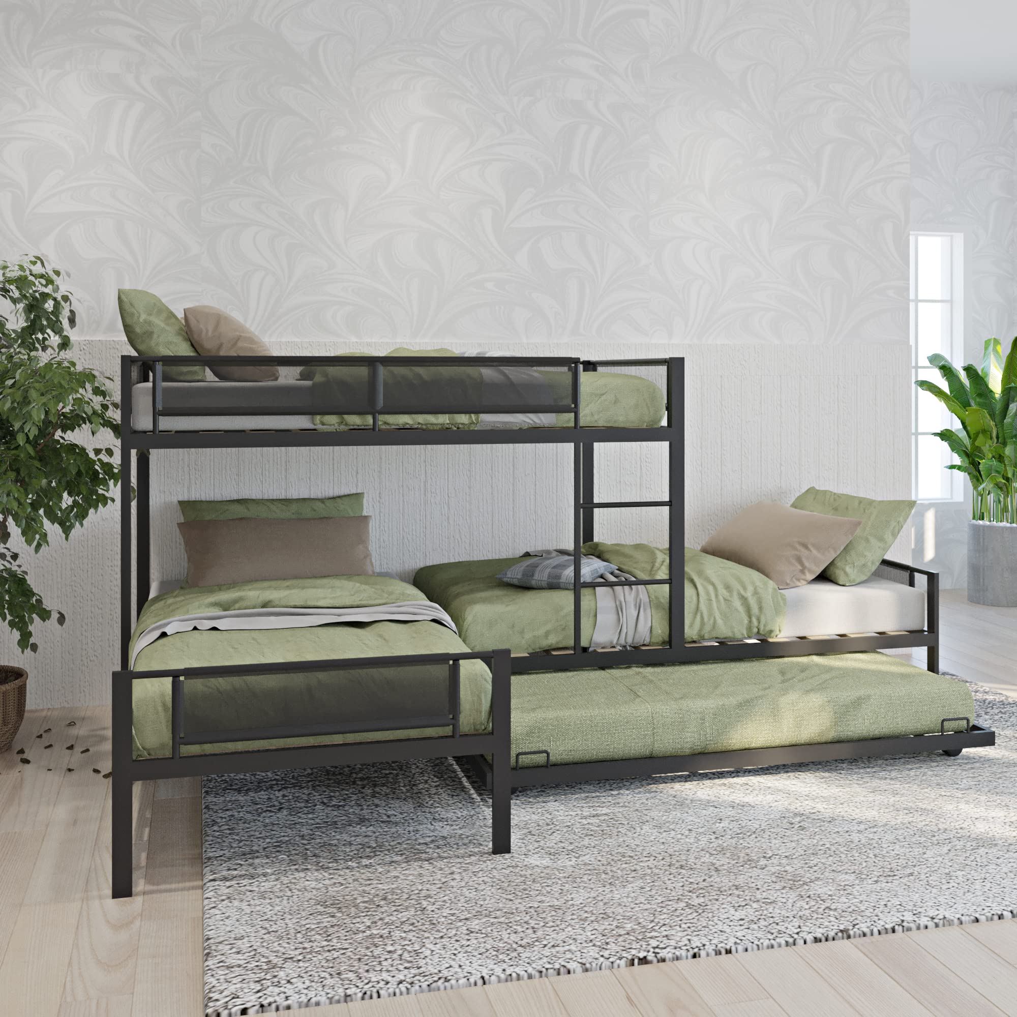 LostCat L-Shape Triple Bunk Bed with Trundle, Twin Over Twin for 4 Kids, Heavy Duty Metal Frame with Safety Guardrail for School, Dormitory, Bedroom, Black