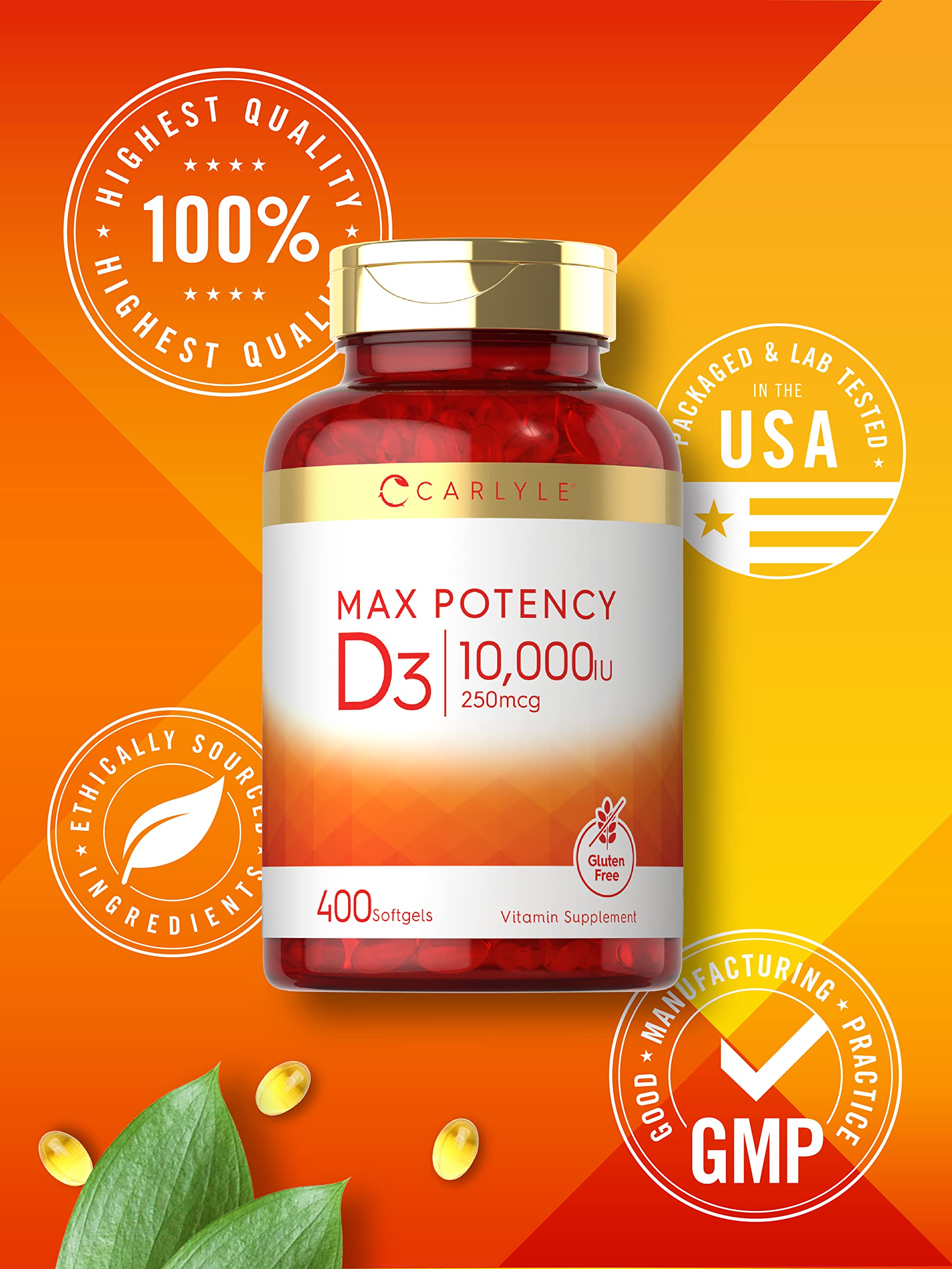 Carlyle Vitamin D 10000 IU 400 Softgels | Value Size | Max Potency | Non-GMO, Gluten Free Supplement