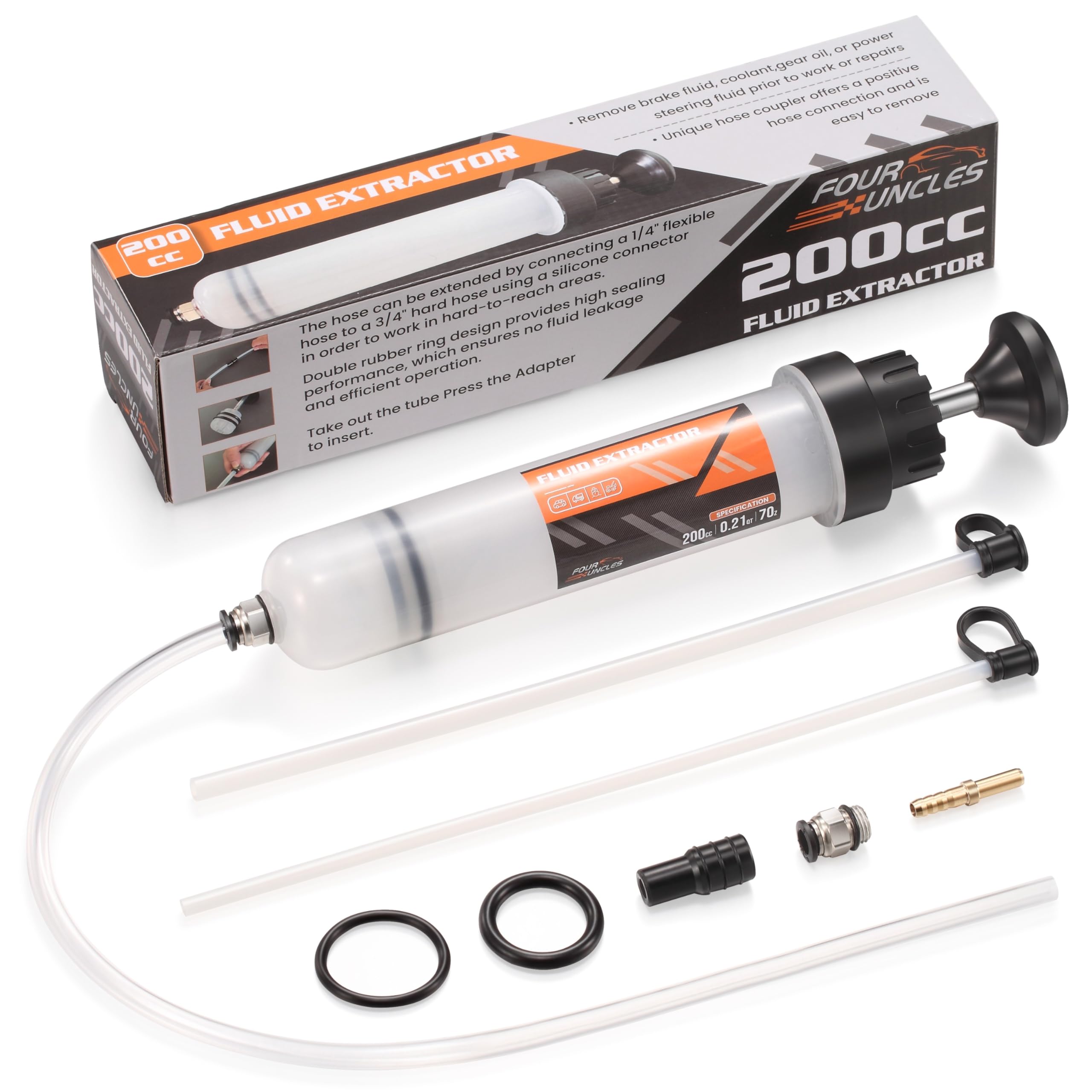 FOUR UNCLES 200cc Fluid Extractor, Extraction & Fill Pump, Oil Change Syringe with 23" Hose and Two 12" Tubes, Automotive Oil Syringe, Fluid Oil Change Evacuator