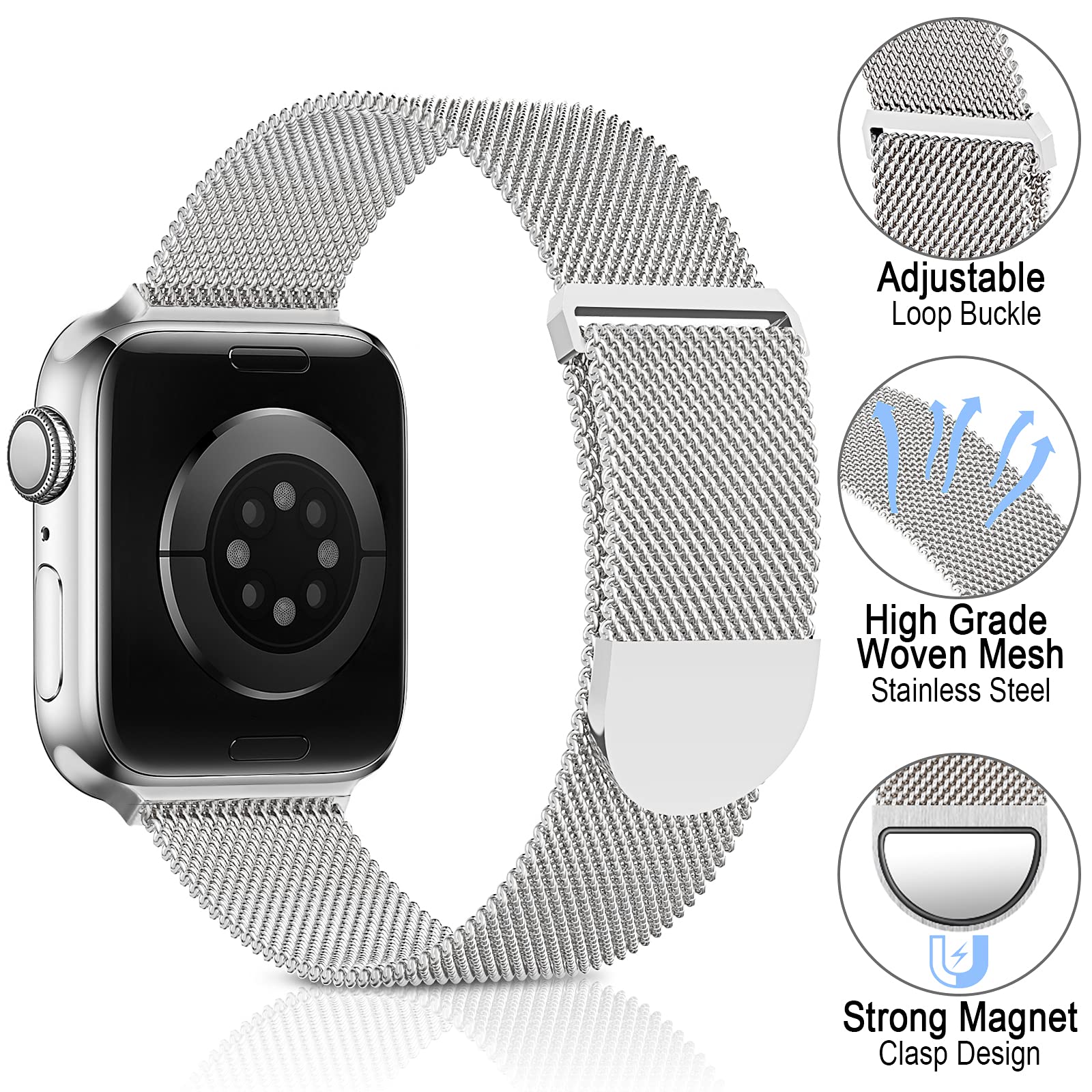 Sunnywoo Metal Stainless Steel Band Compatible with Apple Watch Bands 40mm 38mm 41mm 42mm 44mm 45mm 49mm,Silver Loop Adjustable Magnetic Strap for iWatch Series Ultra 8 7 6 5 4 3 2 1 SE for Women Men