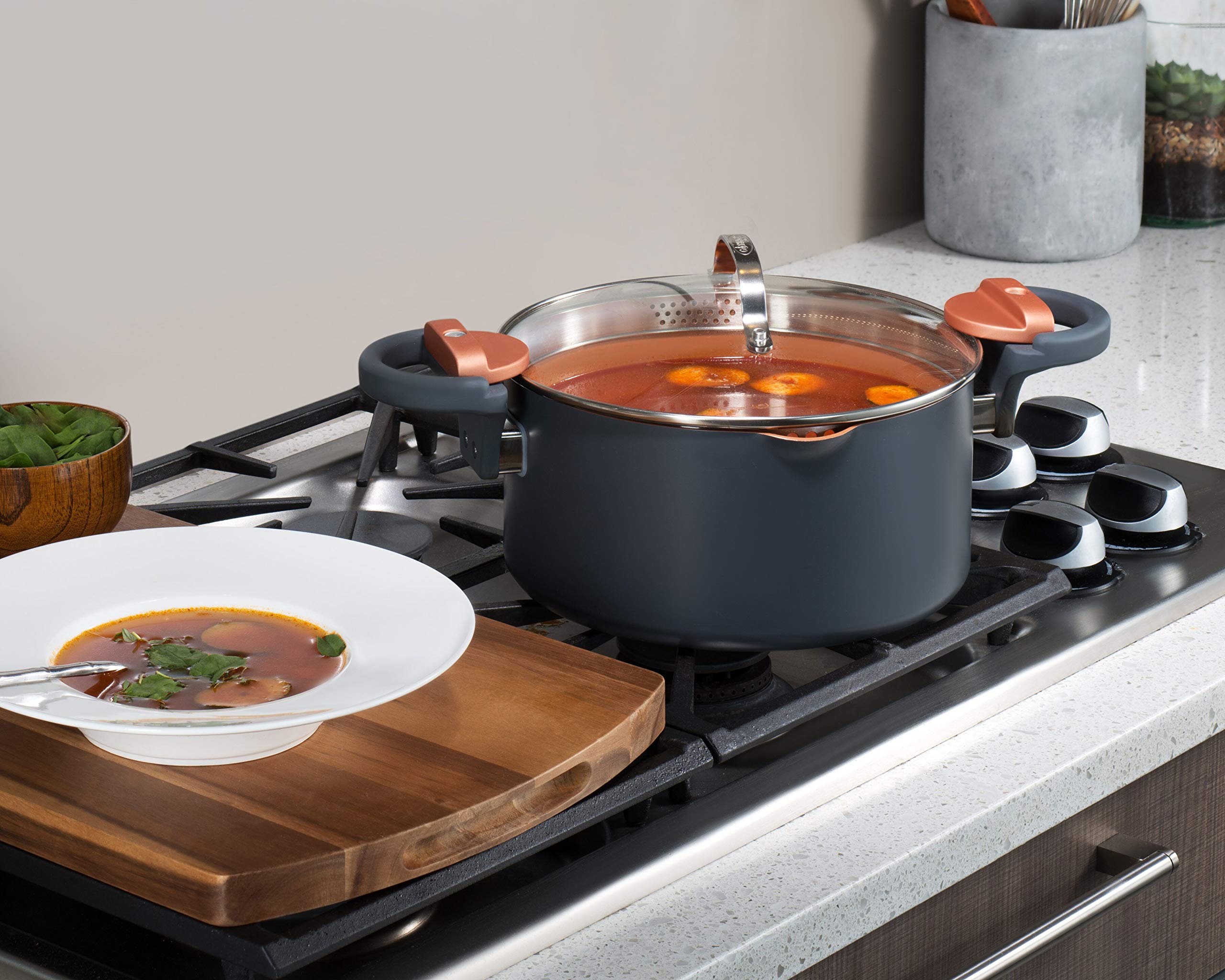 GOTHAM STEEL 5 Qt Ceramic Stock Pot Multipurpose Pasta Pot with Strainer Lid & Twist and Lock Handles, Nonstick Ceramic Pot for Soup, Spaghetti, Rice, Pots for Kitchen, Dishwasher Safe - Copper