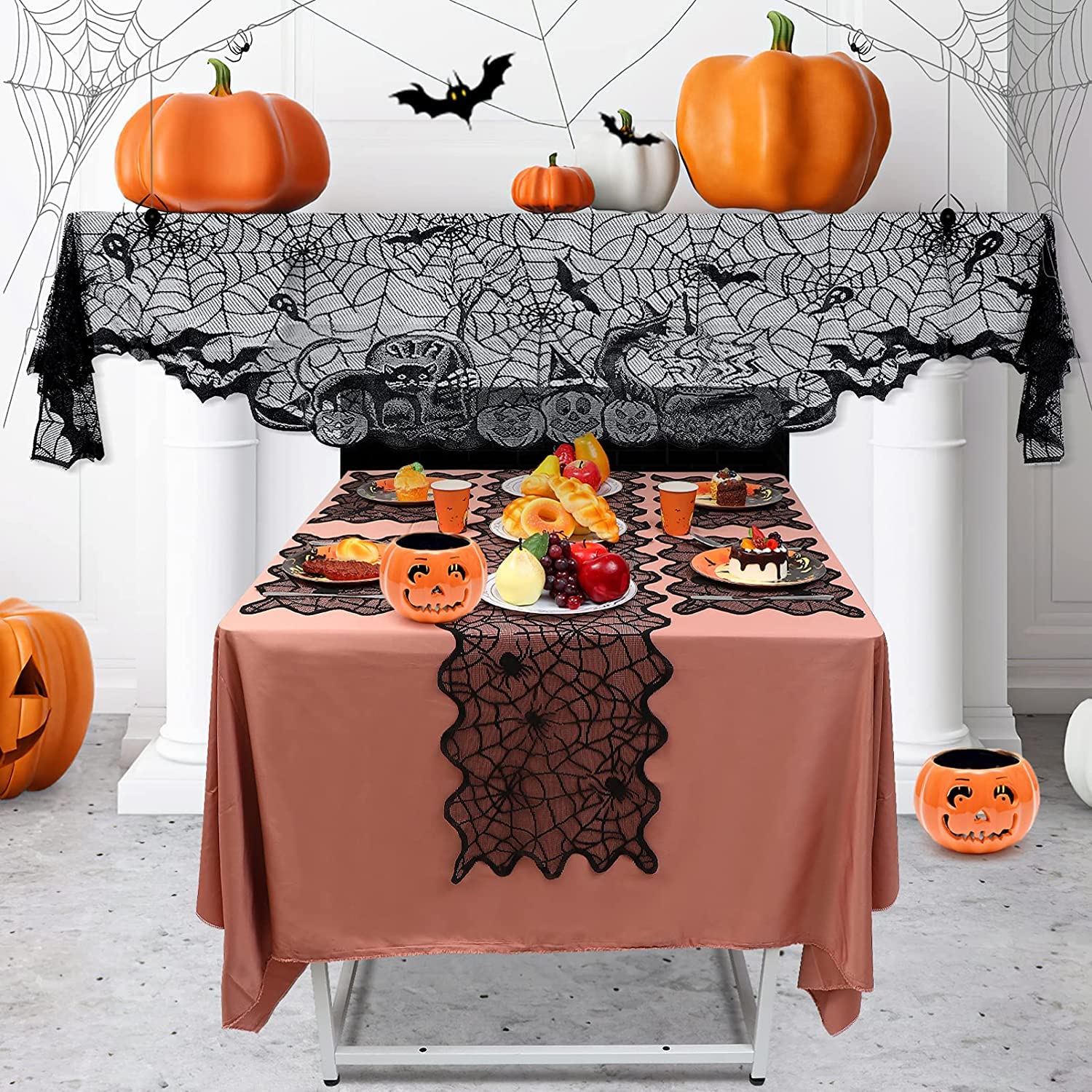 HIPIHOM 7Pcs Halloween Lace Tablecloth Set Spiderweb Fireplace Mantle Scarf Round Table Runner Placemats for Halloween Party Supply
