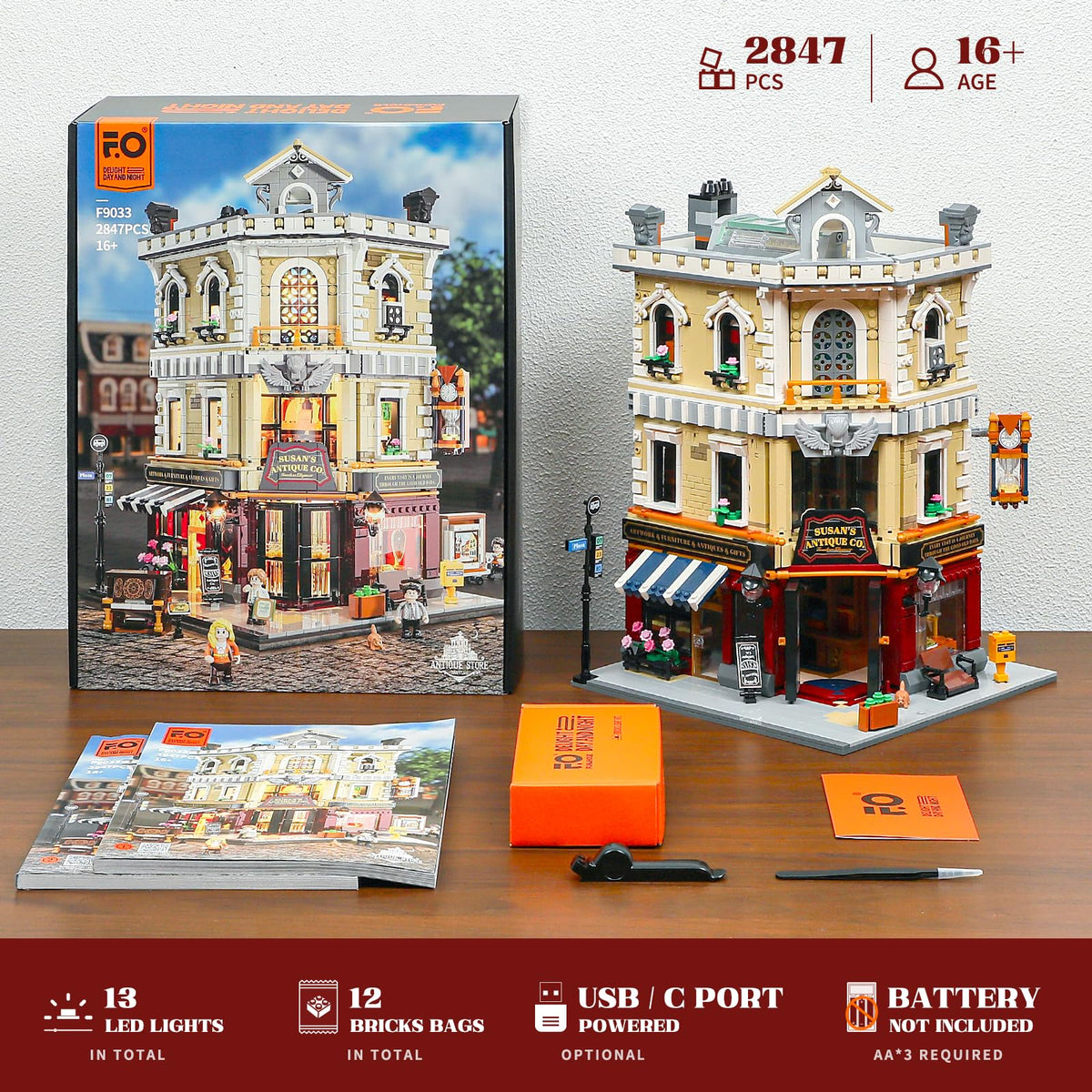 FUNWHOLE Antique-Store Lighting Building-Bricks Set - City Town Corner Collectibles Shop LED Light Modular Building Model Set 2847 Pcs for Adults and Teen