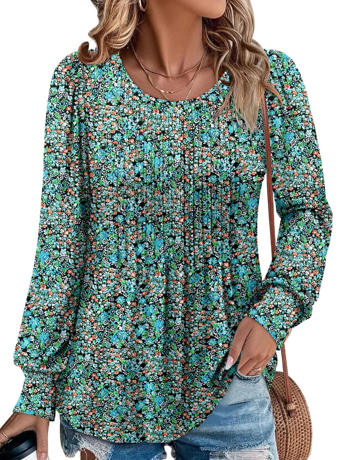BETTE BOUTIK plus size womens tops spring fall long sleeve tunic tops for women loose fit floral shirt Painted Blue X-Large