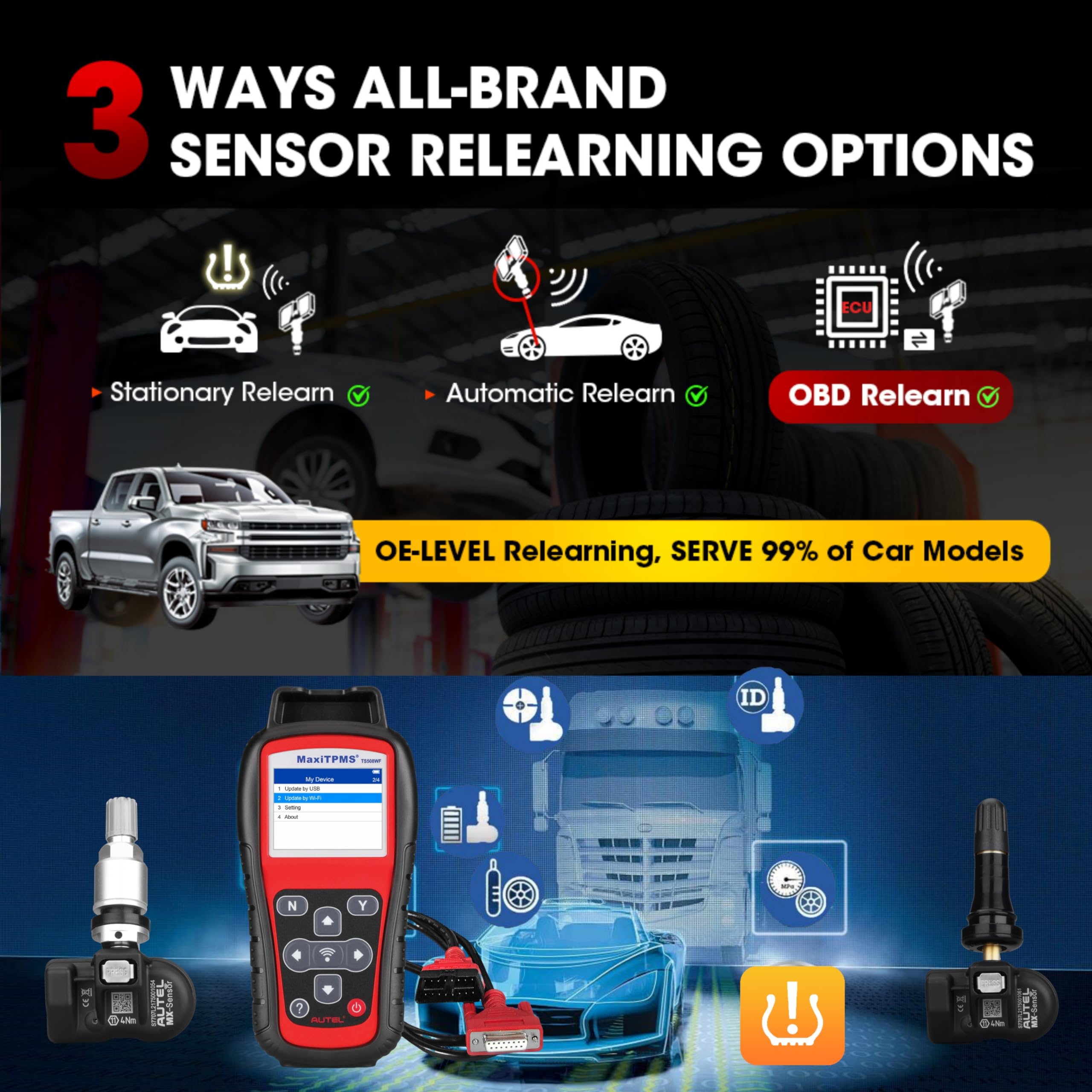 Autel MaxiTPMS TS508WF Complete with 4 pcs Duel Frequency Rubber MX Sensor, MX Sensor Programming TPMS Diagnostic OBD Relearn Activate Read Copy TPMS Sensor Read/Clear TPMS DTCs, Free Lifetime upgrate