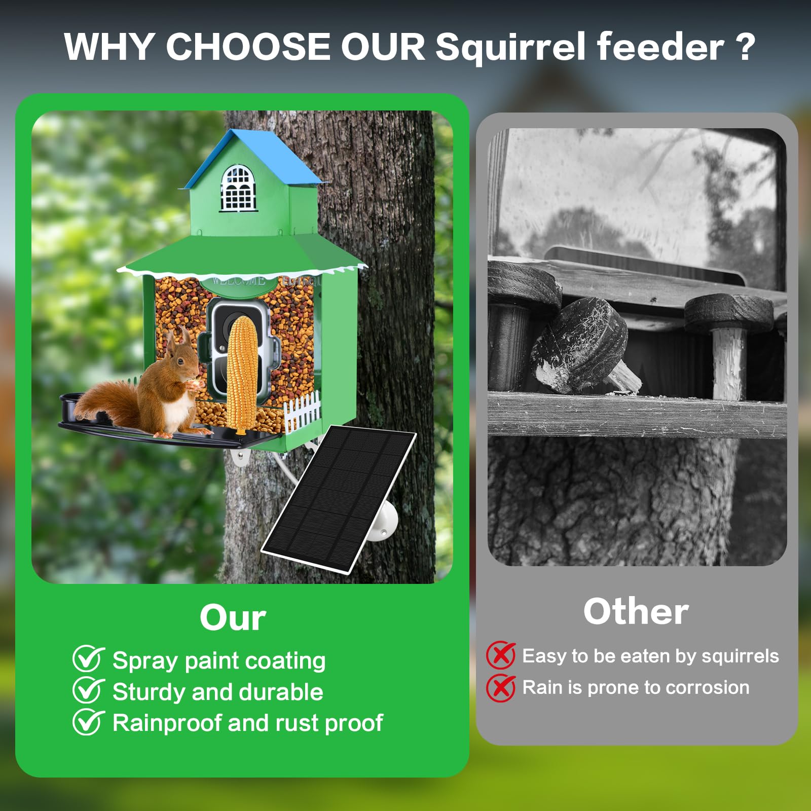 Squirrel Feeder with Camera Solar Powered,Metal Smart Squirrel Feeder Camera with Corn Cob Holder,Squirrel Houses for Outside,2K HD Live View,Ideal for Squirrel Lover
