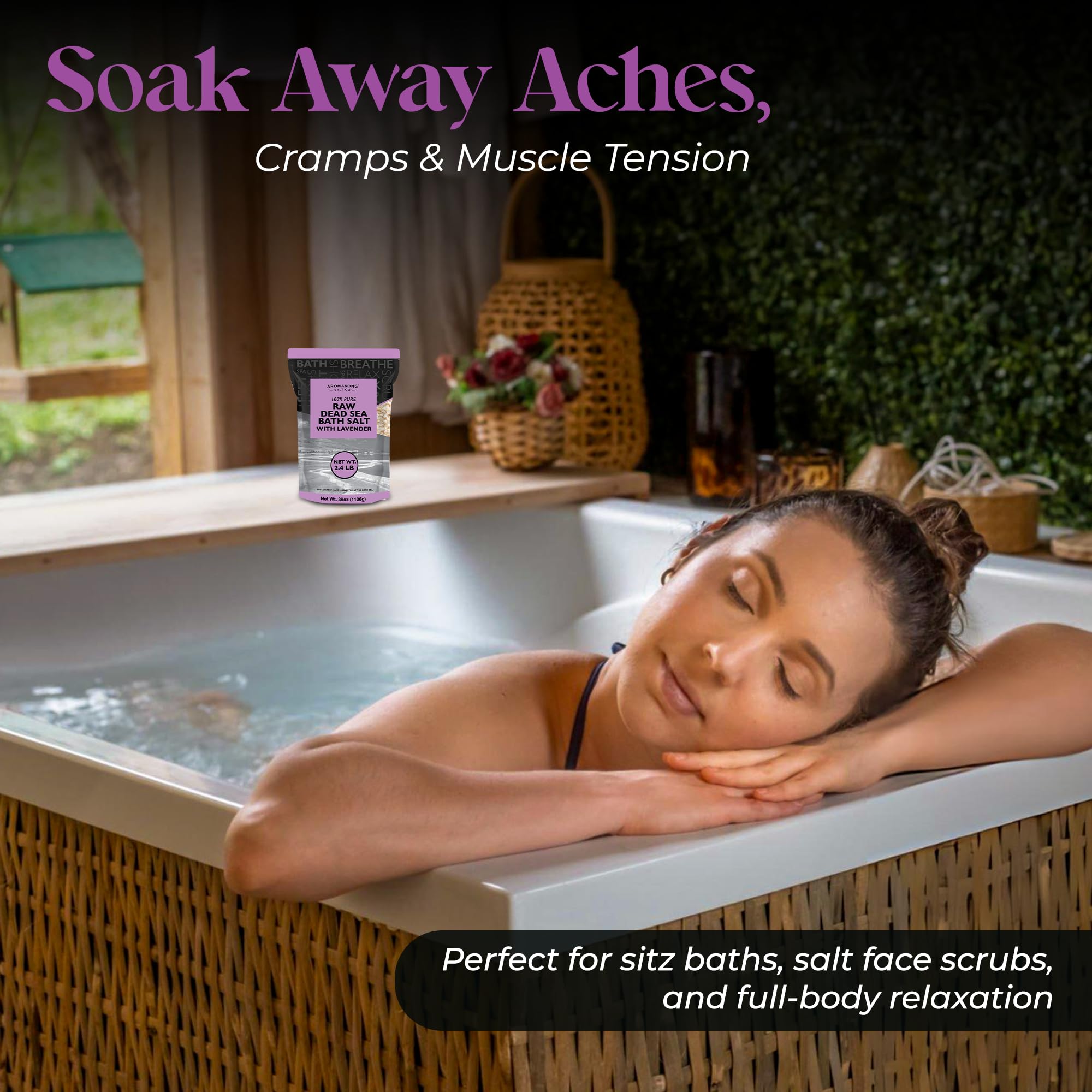 Aromasong Pure Raw Dead Sea Salt for Soaking with 100% Natural Lavender, 2.43 LB - Spa Bath Salt Fine Grain - Body Wash Scrub - Soak for Women & Men- Bulk Resealable Pack