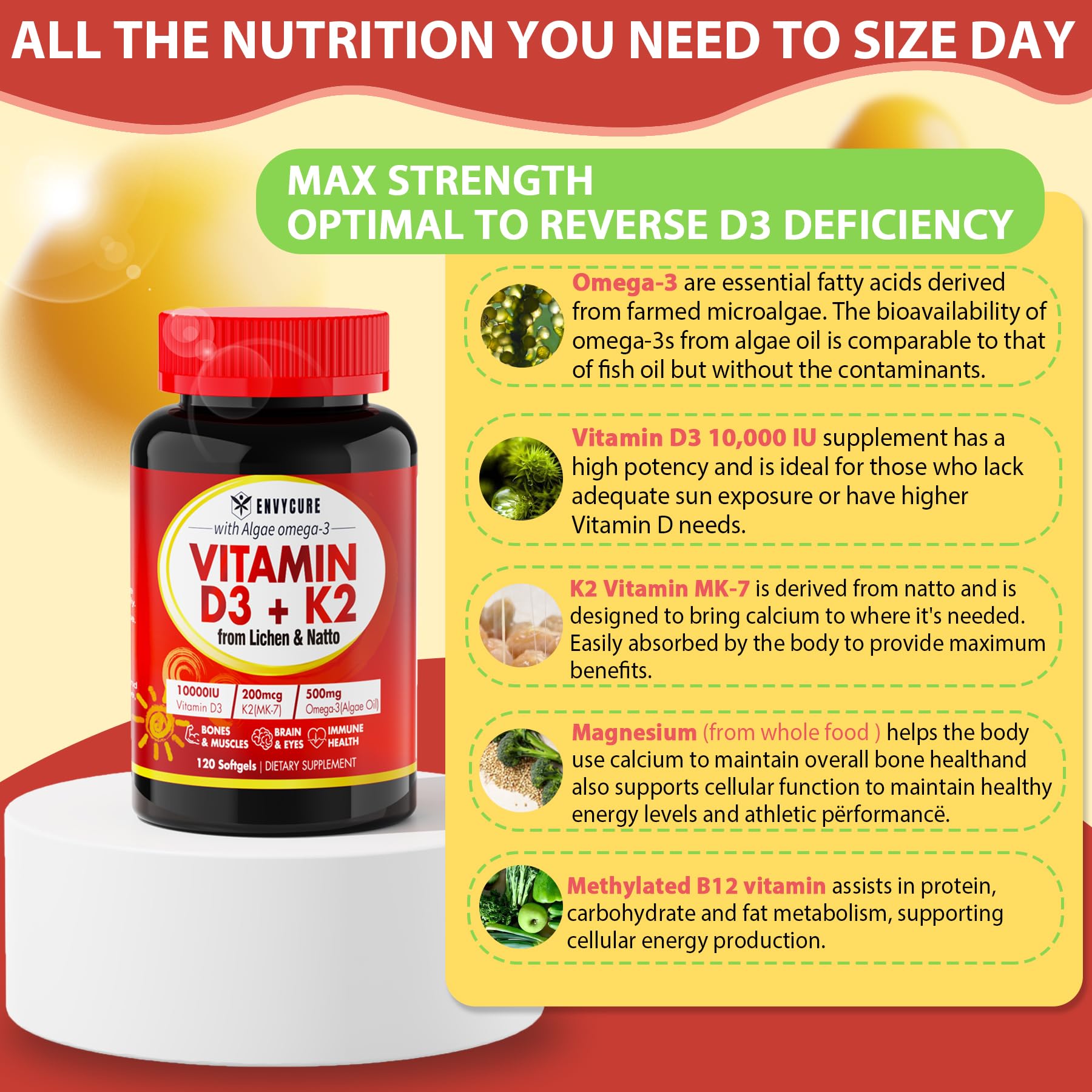 Plant-Based Vitamin D3 K2 Supplement Softgel - Vit D3 10000 Iu + Vitamin K2 Mk7 200 Mcg, Algae Omega-3, Magnesium, Vitamin B12 For Bone & Muscle, Immune Support, Max Absorption, Easy To Swallow 1pack