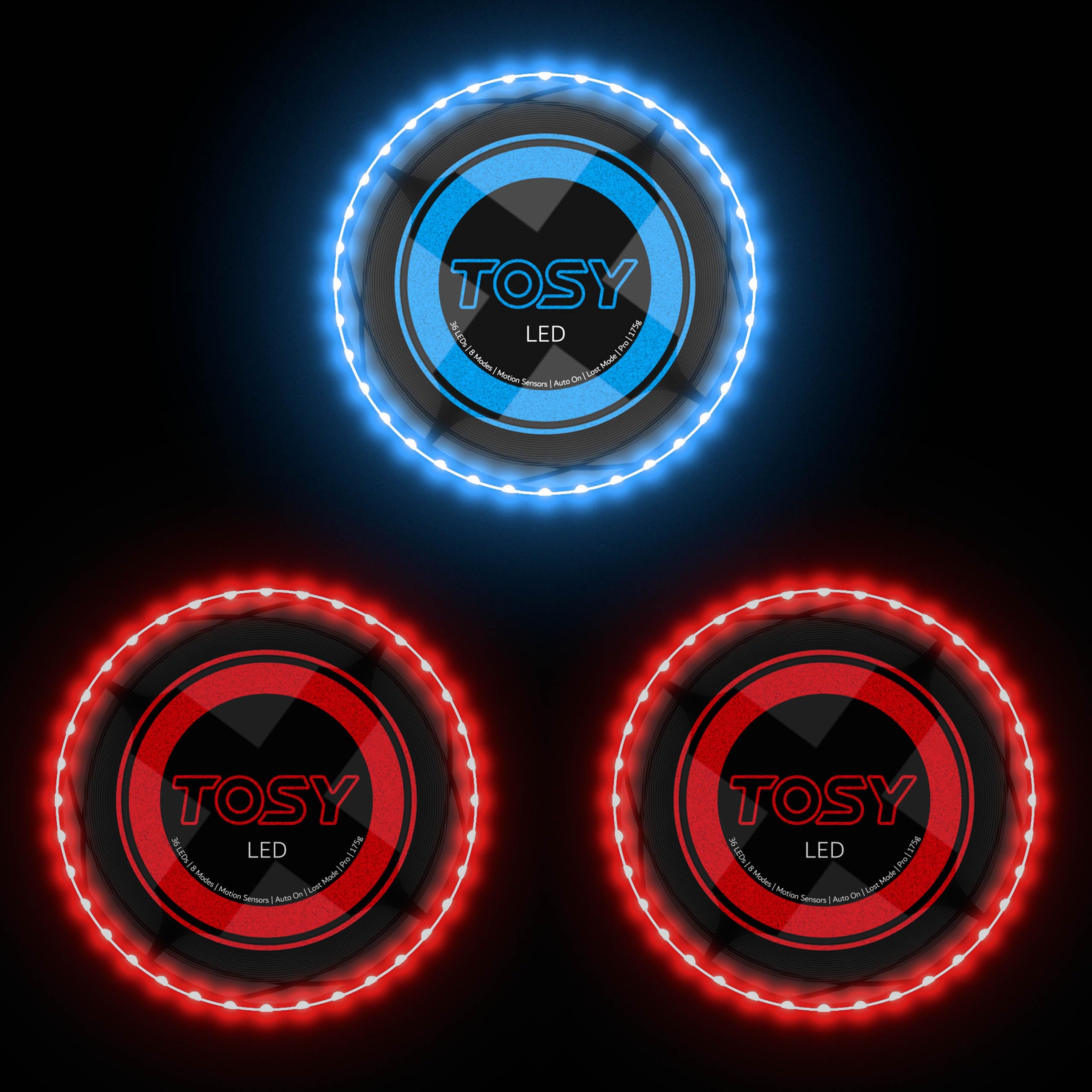 TOSY Bundle of 3-2X Red + Blue - Flying Disc 36 LEDs, Super Bright, Smart Modes, Auto Light Up, Rechargeable, Cool Fun Christmas, Birthday & Camping Gift for Men/Boys/Teens/Kids, 175g Frisbee