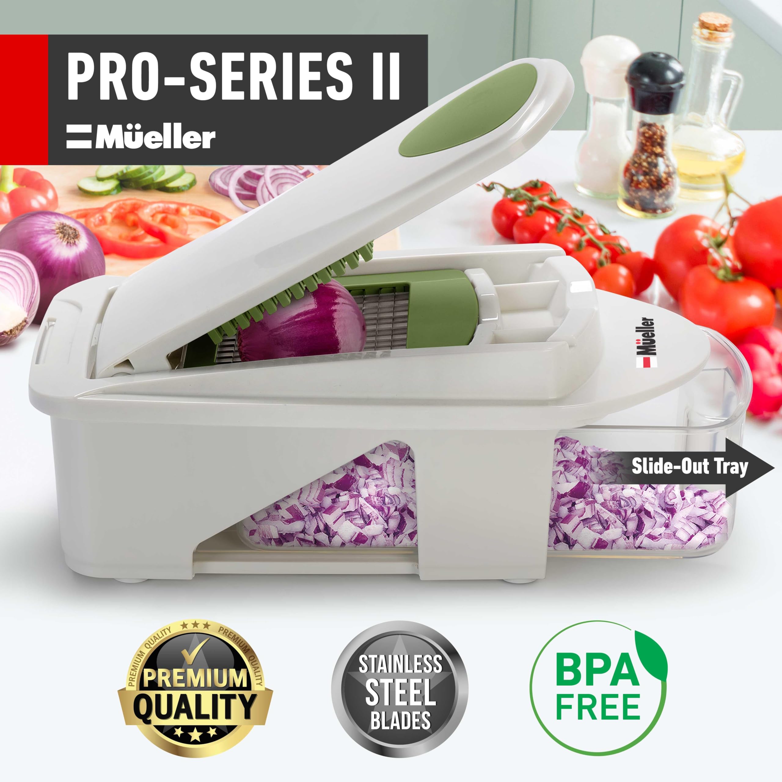 Mueller Pro-Series All-in-One, 12 Blade Mandoline Slicer for Kitchen, Food Chopper, Cucumber Slicer and Spiralizer, Cutter, Dicer, Grater, Gifts for Mom, Kitchen Essentials, White Sand/Green