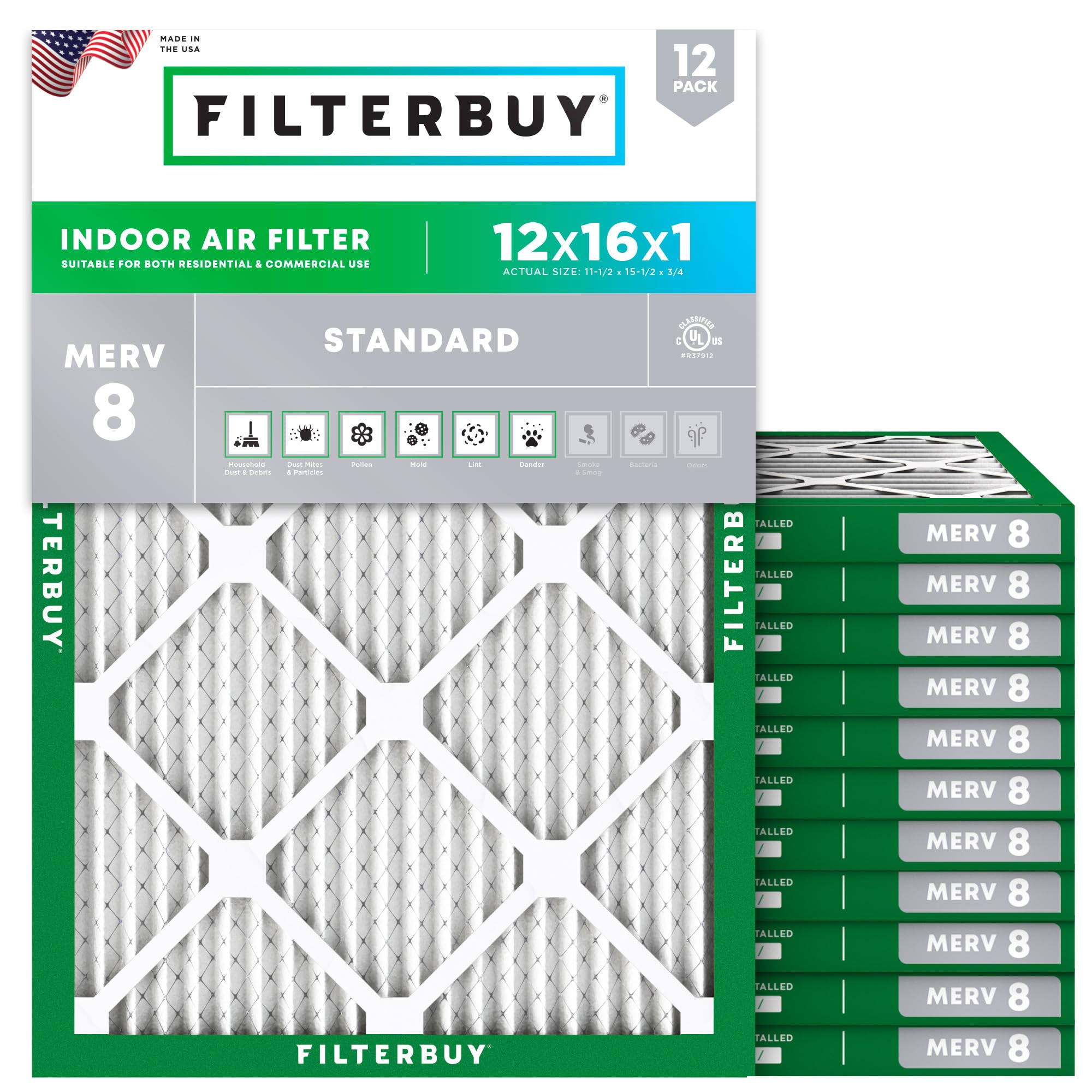 Filterbuy 12x16x1 Air Filter MERV 8 Dust Defense (12-Pack), Pleated HVAC AC Furnace Air Filters Replacement (Actual Size: 11.50 x 15.50 x 0.75 Inches)