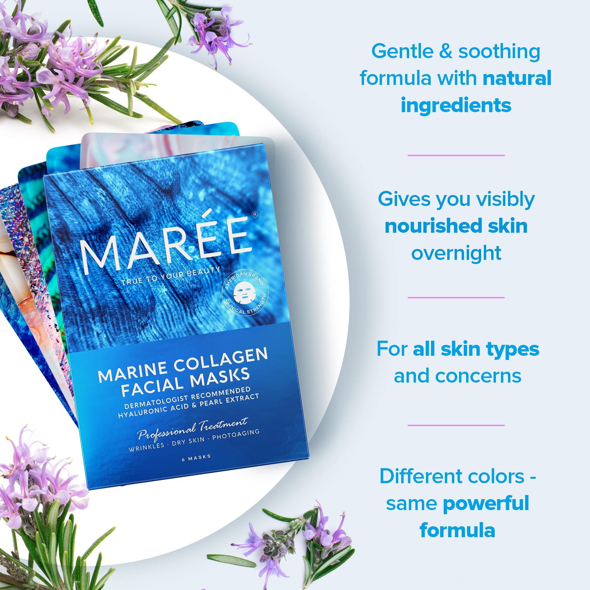 MAREE Collagen Face Mask with Hyaluronic Acid - Sheet Face Masks Skincare with Green & Red Algae Extract for All Skin Types - Hydrating Facial Mask Skin For Women Care Mascarillas Faciales - 6 Pack