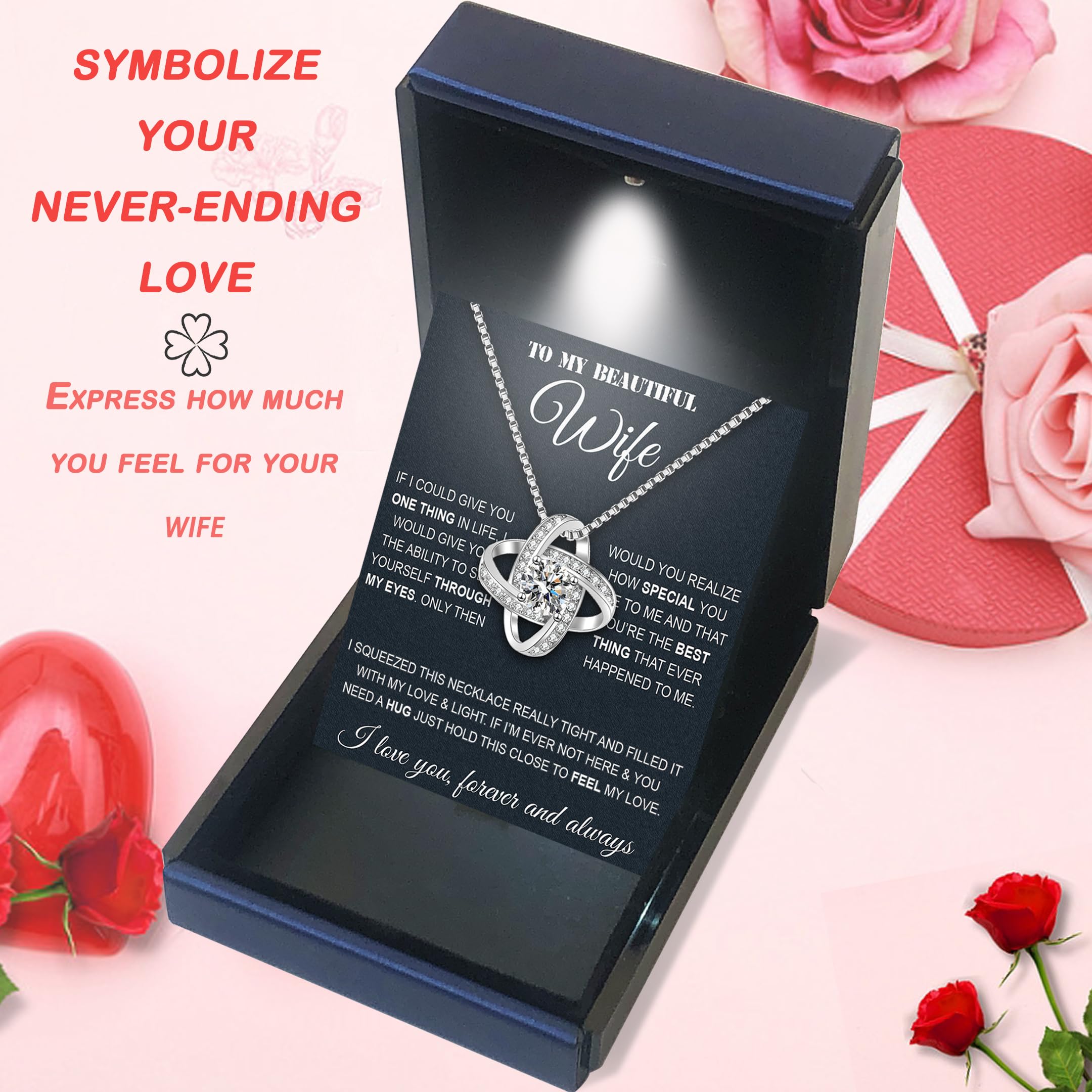 Wife Necklace From Husband To My Wife Necklace Soulmate Necklace For Women Future Wife Jewelry Birthday Gifts For Girlfriend Message Card and LED Box (Love Knot-Wife PU LED Box, 925 Sterling Silver)