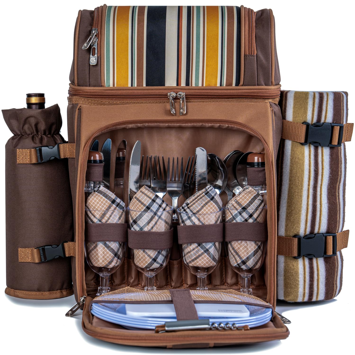 ALLCAMP Picnic Basket Backpack Cooler for 4 Person with 2 Insulated Cooler Bag, Detachable Bottle/Wine Holder, Fleece Blanket, Plates and Cutlery for Family,Couple,Friend Gatherings and Gifts (Brown)