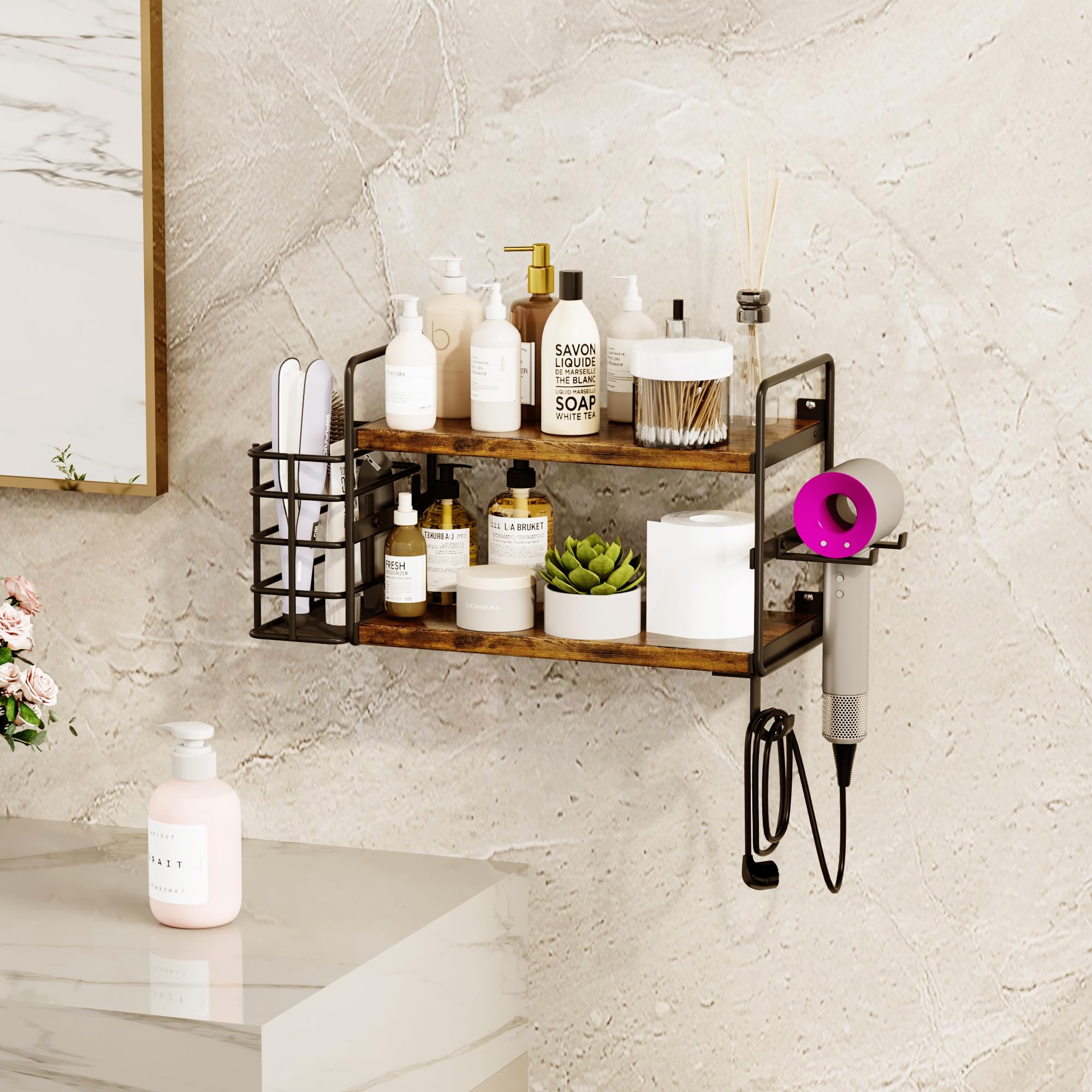 3-in-1 Wall Mounted Hair Dryer Holder with 2 Tier Shelves & Detachable Basket, Space Saving Organizer for Bathroom, Kitchen, Bedroom, Rust-Resistant, Easy Install