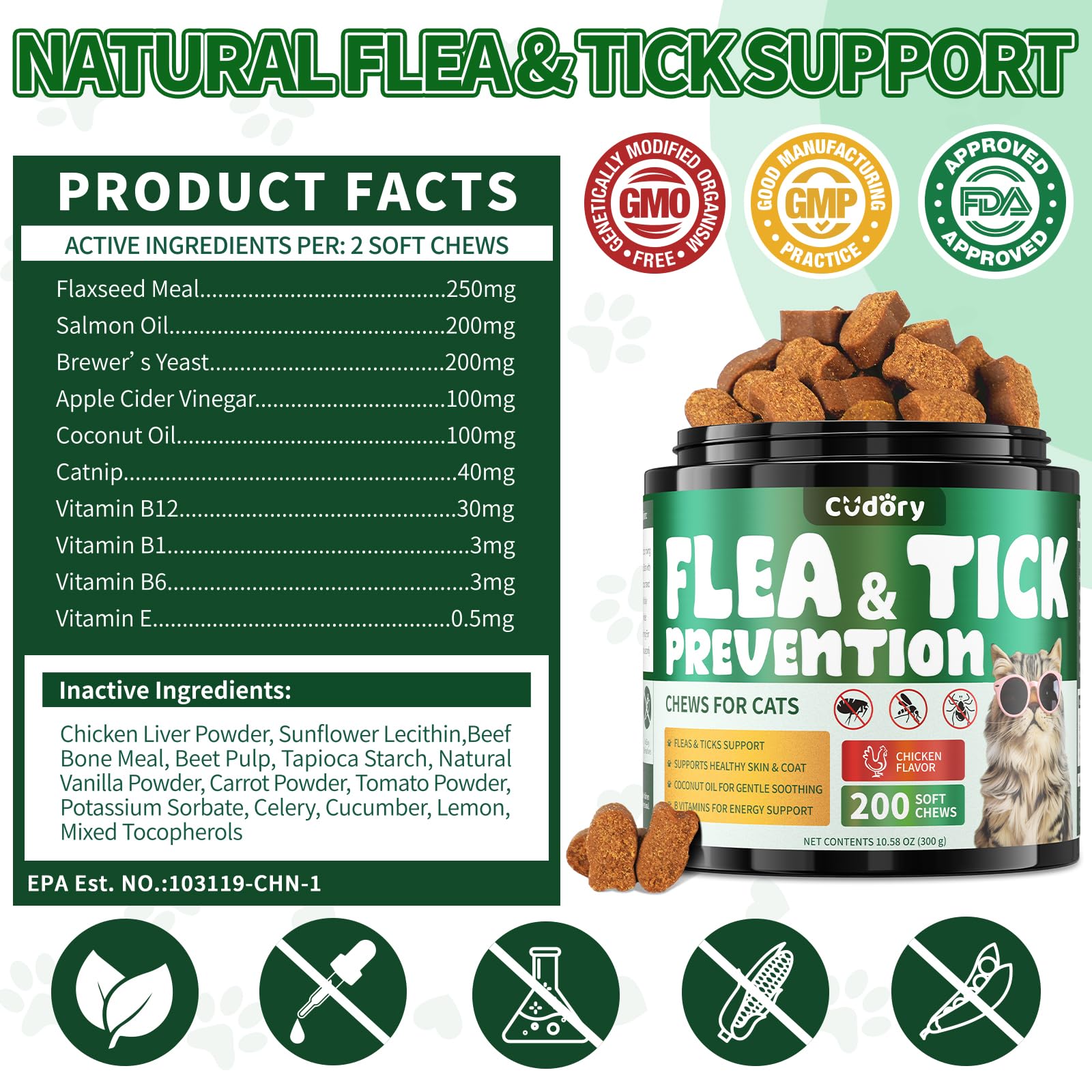 Flea and Tick Chews for Cats - Natural Flea Tick Support for Cat All Breeds & Ages - Nourishes Skin & Coat Health - Energy Support