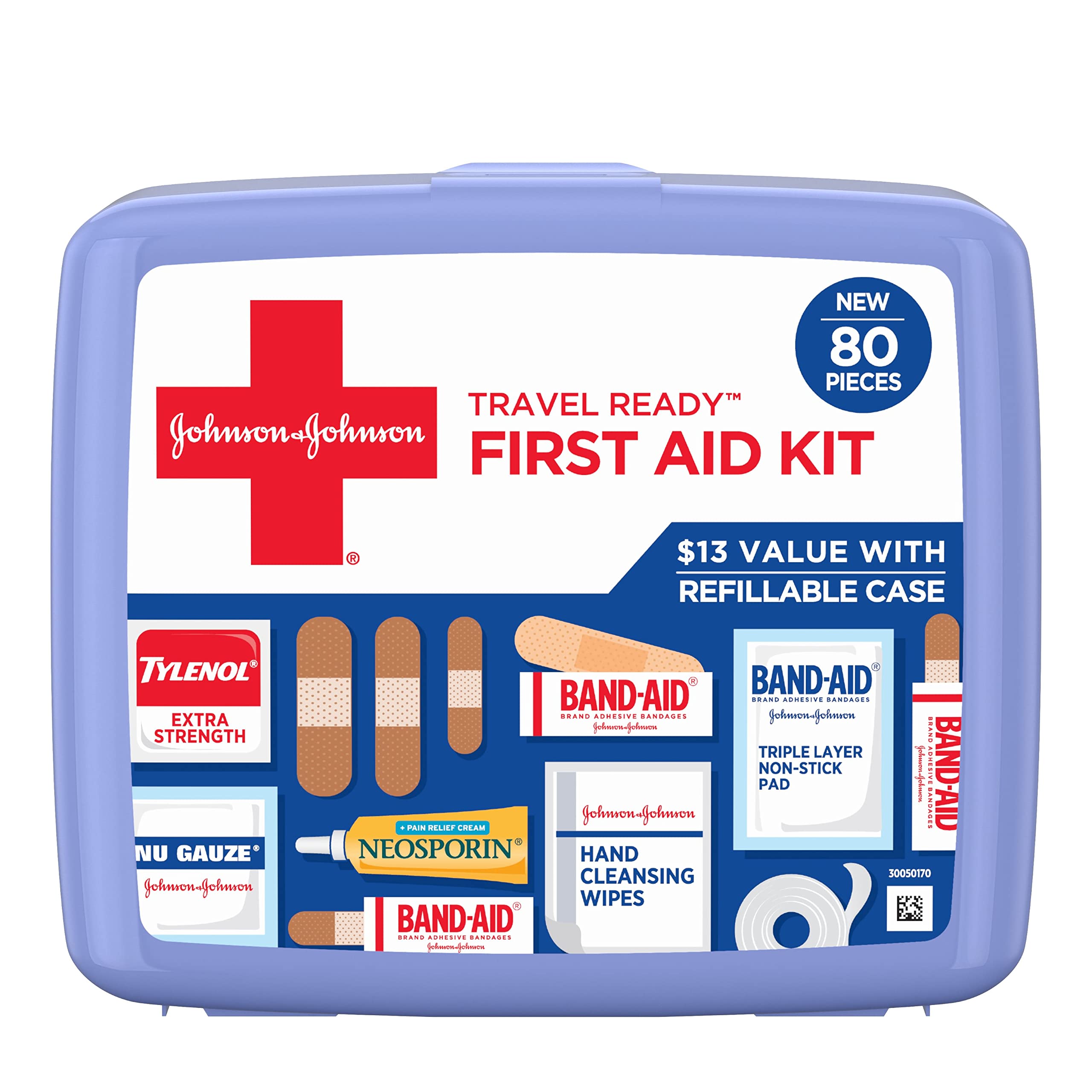 Johnson & Johnson Travel Ready Portable Emergency First Aid Kit, 80 Pieces