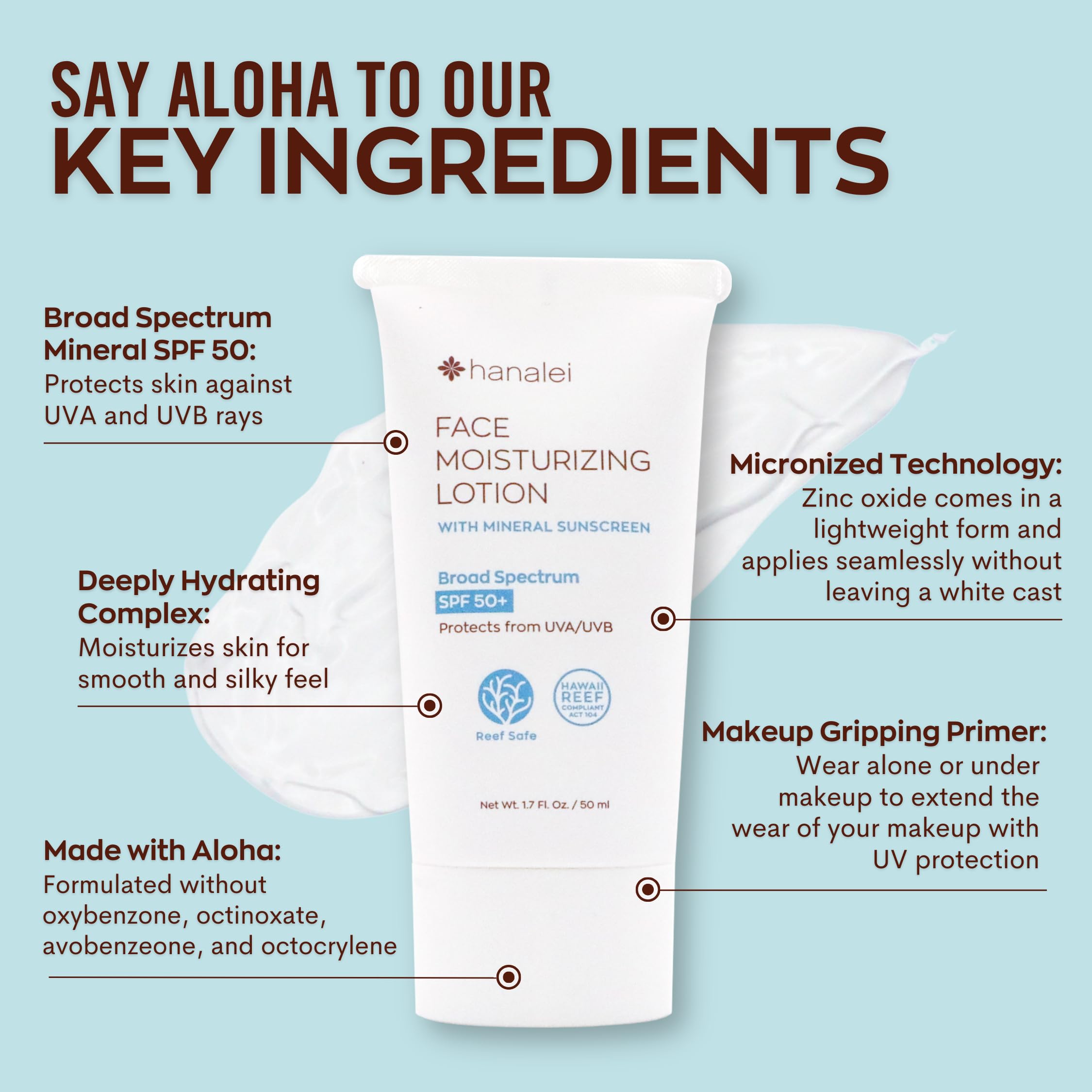 Hanalei Mineral Sunscreen Face Moisturizer SPF 50 – Dermatologist Tested, Zinc Oxide, Vegan, Reef-Safe, Invisible Protection, No White Cast, 3-in-1 Hydrating Primer, Gentle for Sensitive Skin 1.7 oz