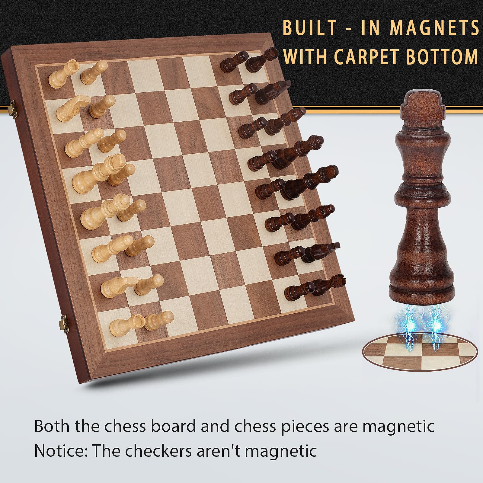 2 in 1 Magnetic Chess Set & Checkers Board Game, 15" Wooden Folding Chess Board with 2 Extra Queens, Portable Travel Chess Set with Pieces Storage Slots, Beginner Chess Board Game for Adults & Kids