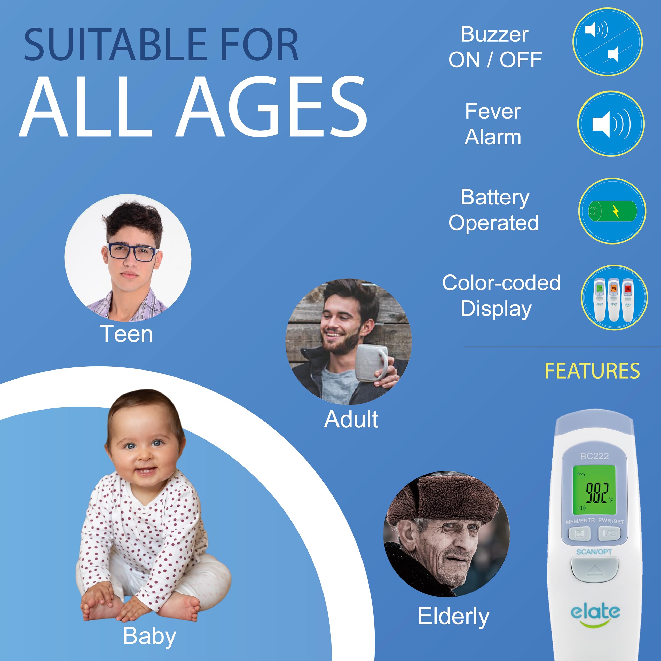 Elate No-Touch Forehead Thermometer for Adults and Kids, Non-Contact Digital Baby Thermometer for Infants/Newborns. Medical Grade Touchless Temporal Thermometer for Fever, FSA HSA Eligible