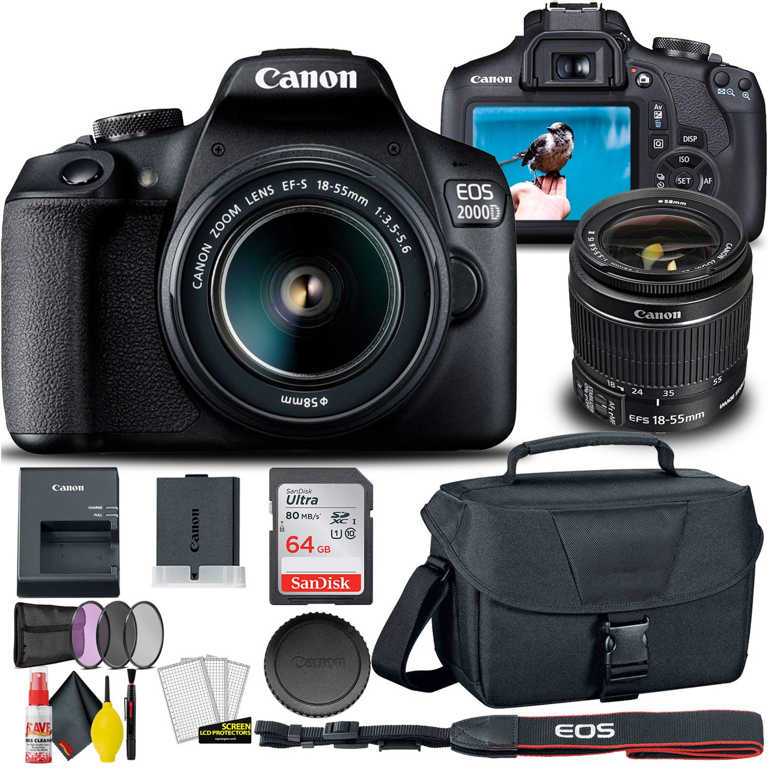 Canon EOS 2000D / Rebel T7 DSLR Camera with 18-55mm Lens + Creative Filter Set, EOS Camera Bag + Sandisk Ultra 64GB Card + Electronics Cleaning Set, and More (International Model) (Renewed)