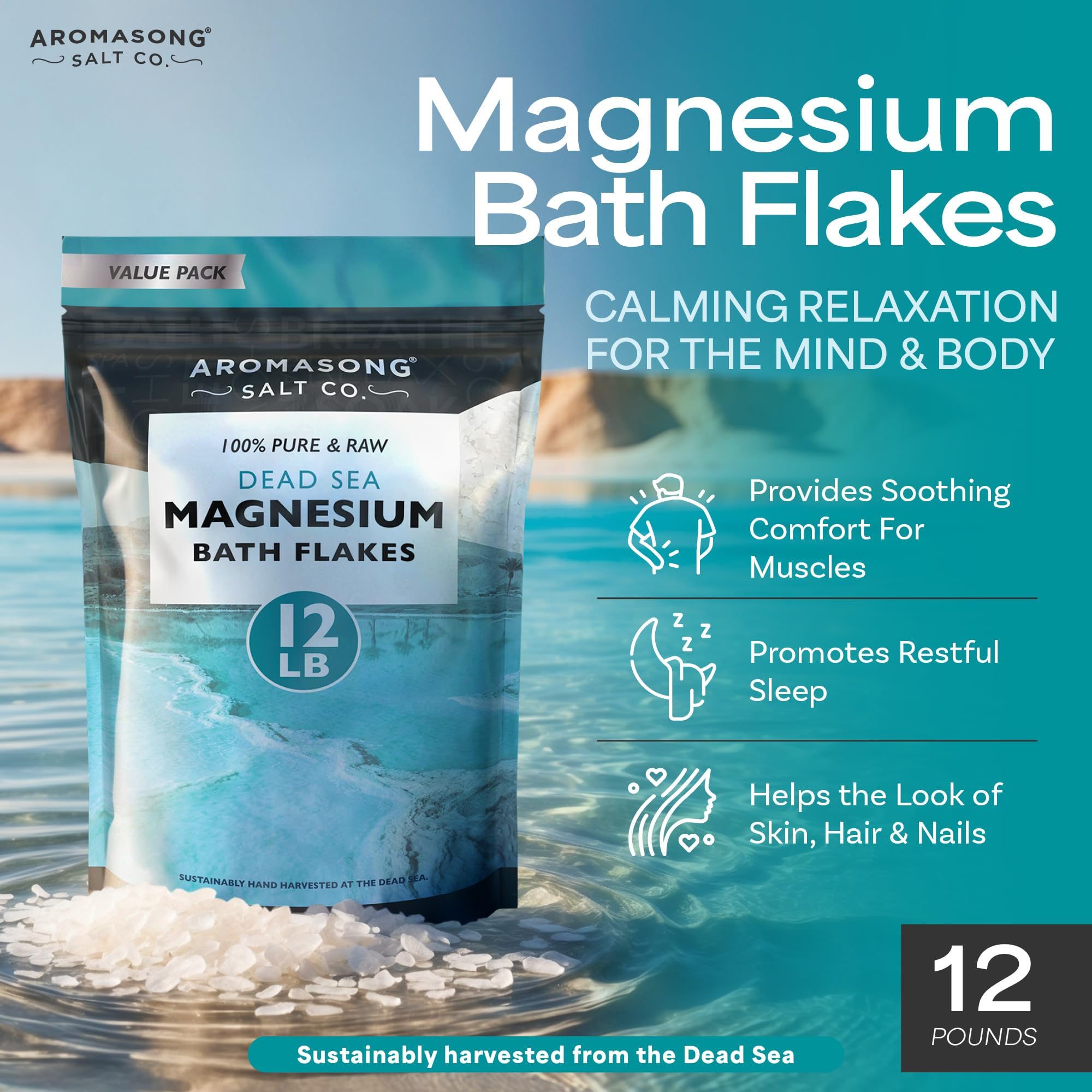 Aromasong Ultimate Magnesium Bundle: 12lb Dead Sea Magnesium Flakes + 100% Pure Dead Sea Magnesium Oil Spray for Relaxation and Wellness