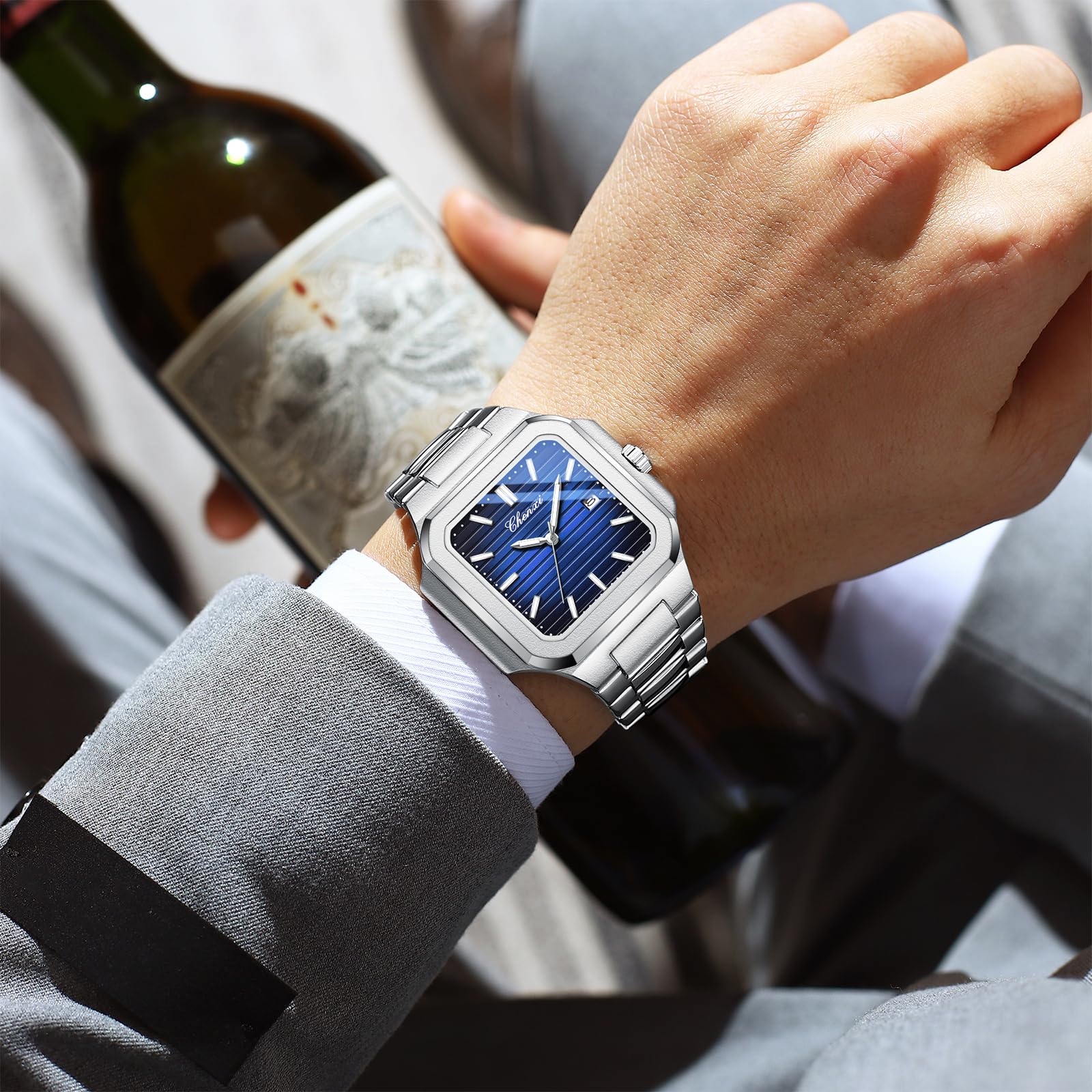 BESTKANG Men's Classic Square Watch - Silver Stainless Steel Analog Quartz Dress Watch with Luminous Hands, Date Calendar, 30M Water Resistant for Business Casual (Blue)