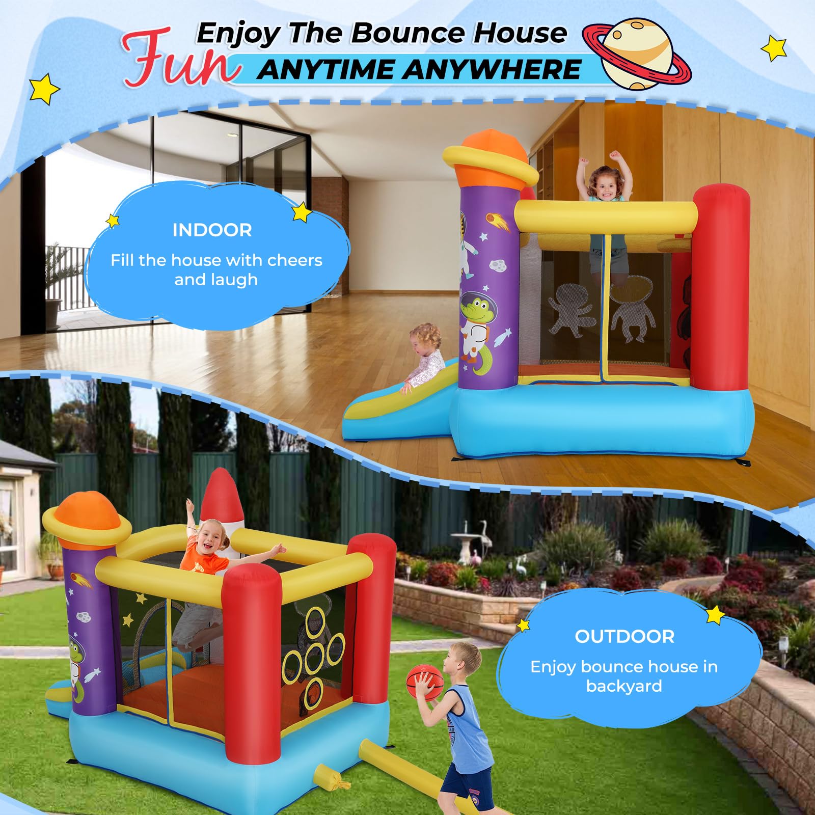 Whubefy Inflatable Bounce House for Toddler Kids 2-8 with Slide, Pitching Game & Fun Photography, 106 x 71 x 83 Astronaut Theme Small Jumping House w/Blower for Indoor Outdoor Birthday Party Gifts