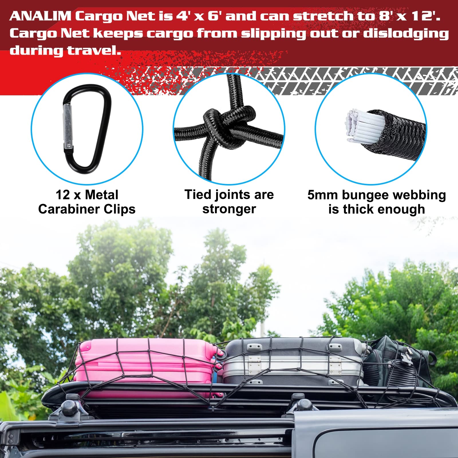 ANALIM Cargo Net for Pickup Truck Bed, 4' x 6' Stretches to 8' x 12' Heavy Duty Bungee Cargo Net with 12 Pcs Metal Carabiner Clips, Tie-Down Mesh Cord Net for Trailer Luggage