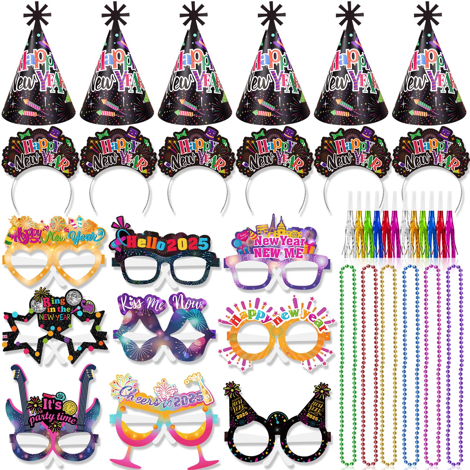 HOWAF Happy New Year Eve Party Supplies Favors Set, 54 Pieces New Year 2025 Eyeglasses Cone Hats Headband Fringed Noisemaker and Necklace, Black and Colorful New Year's Eve Party Decorations