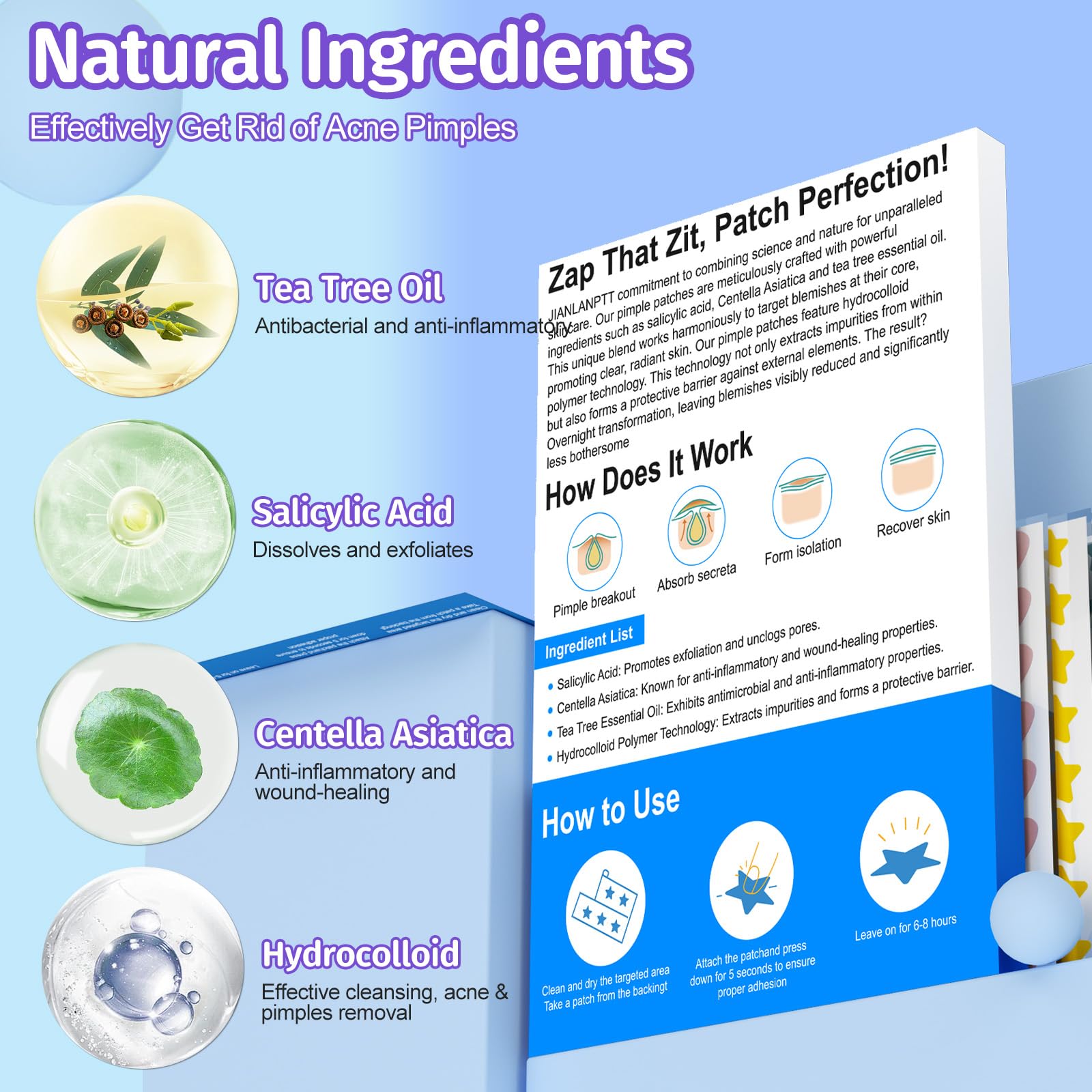 JIANLANPTT Pimple Patches for Face, 276 Pack Acne Patches, Hydrocolloid Pimple Patches for Covering Zits and Blemishes, Pimple Zit Patches with Tea Tree Oil, Salicylic Acid and Centella Asiatic