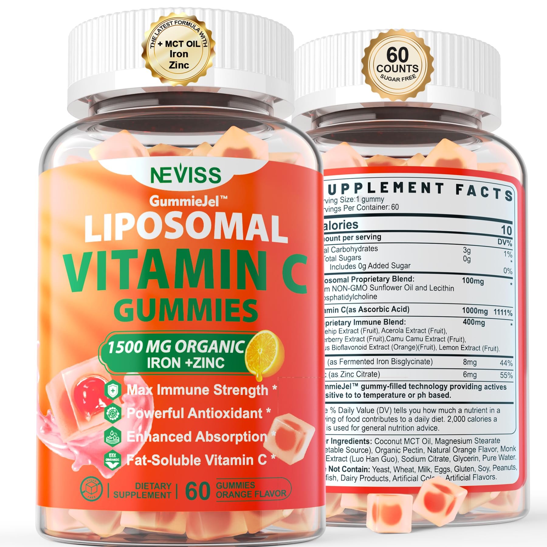 Liposomal Vitamin C 1000mg Gummies for Adults - Vitamin C Chewable 1500mg with 8mg Iron, Zinc & Elderberry - Immune Support, Immune Booster Supplement - for Energy, Collagen Booster, 1Pack Sugar Free