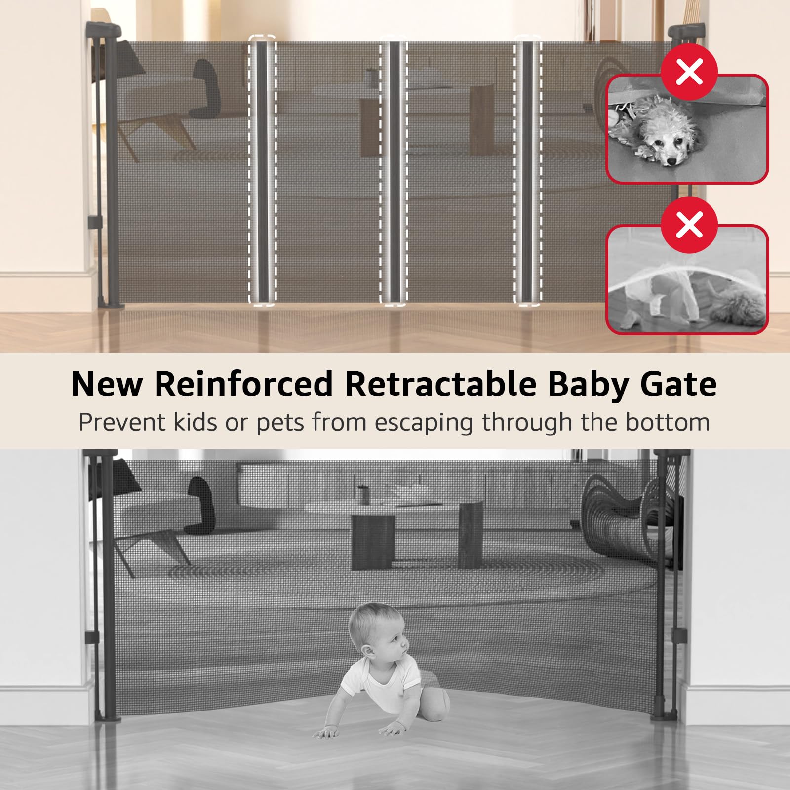 Retractable Baby Gate with Reinforced Strips, 33"*55" One-Side Operation Mesh Baby/Dog/Pet/Cat Gate, Child Safety Retracable Gate with 2 Avoid Skirting Board for Doorways Indoor/Outdoor, Grey