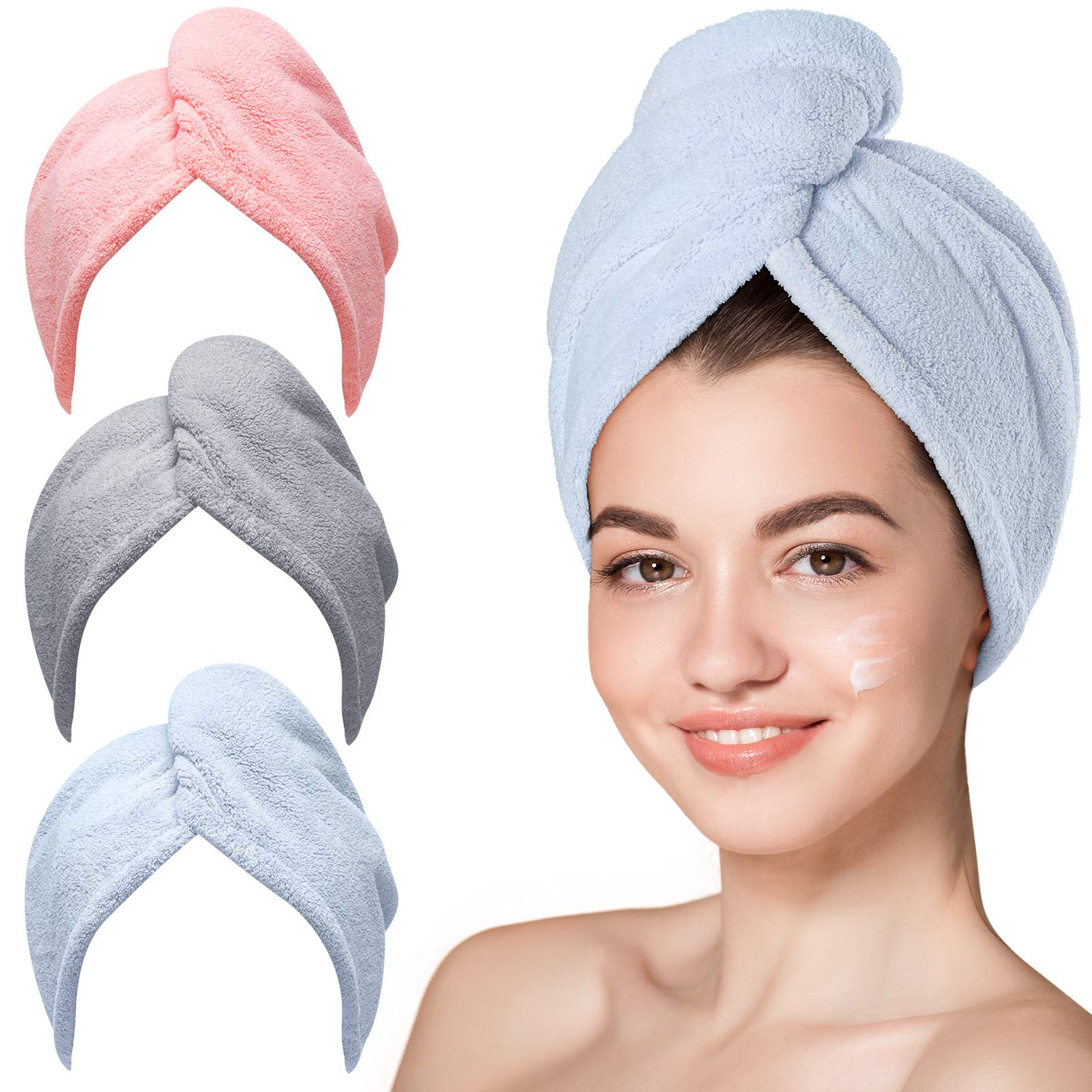 Hicober Microfiber Hair Towel, 3 Packs Hair Turbans for Wet Hair, Drying Hair Wrap Towels for Curly Hair Women Anti Frizz (Blue,Grey,Pink)