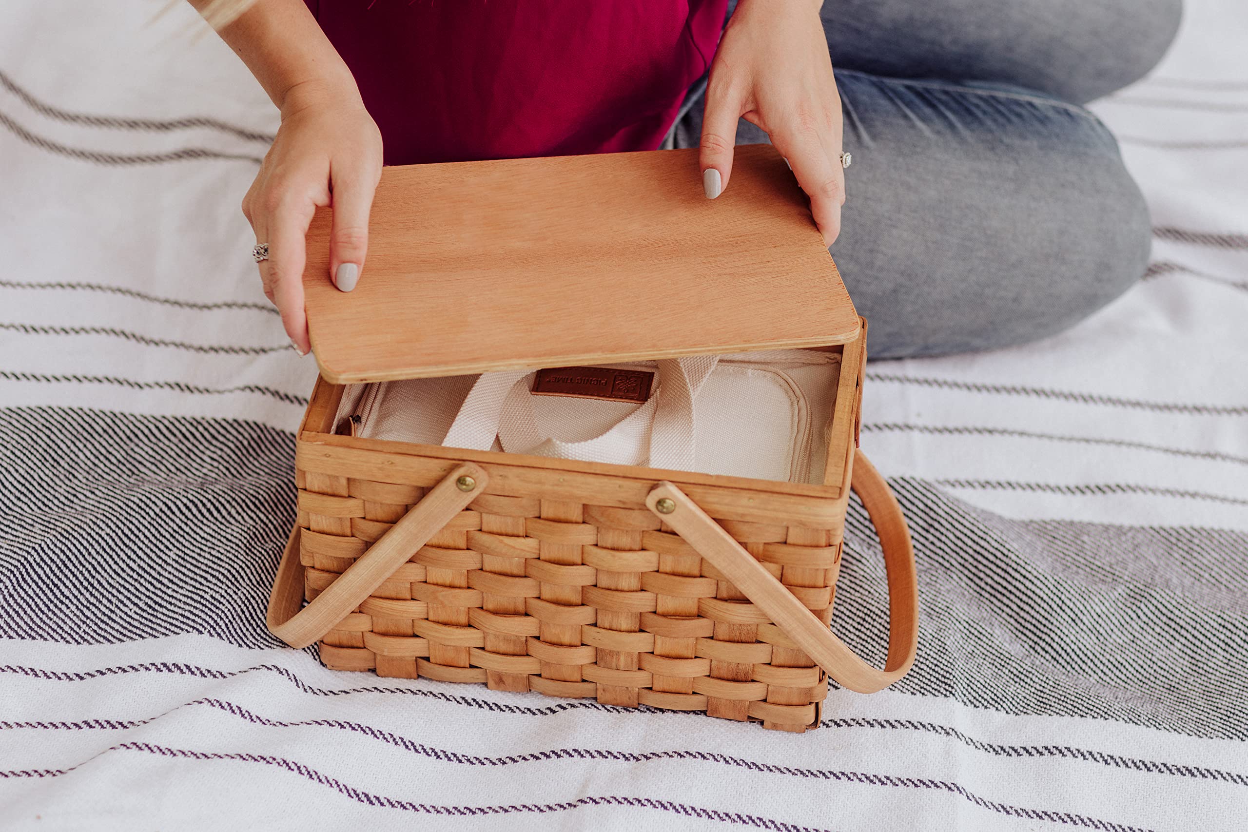 PICNIC TIME Poppy Personal Picnic Basket, Insulated Bag, Retro Lunch Box, One Size, Beige