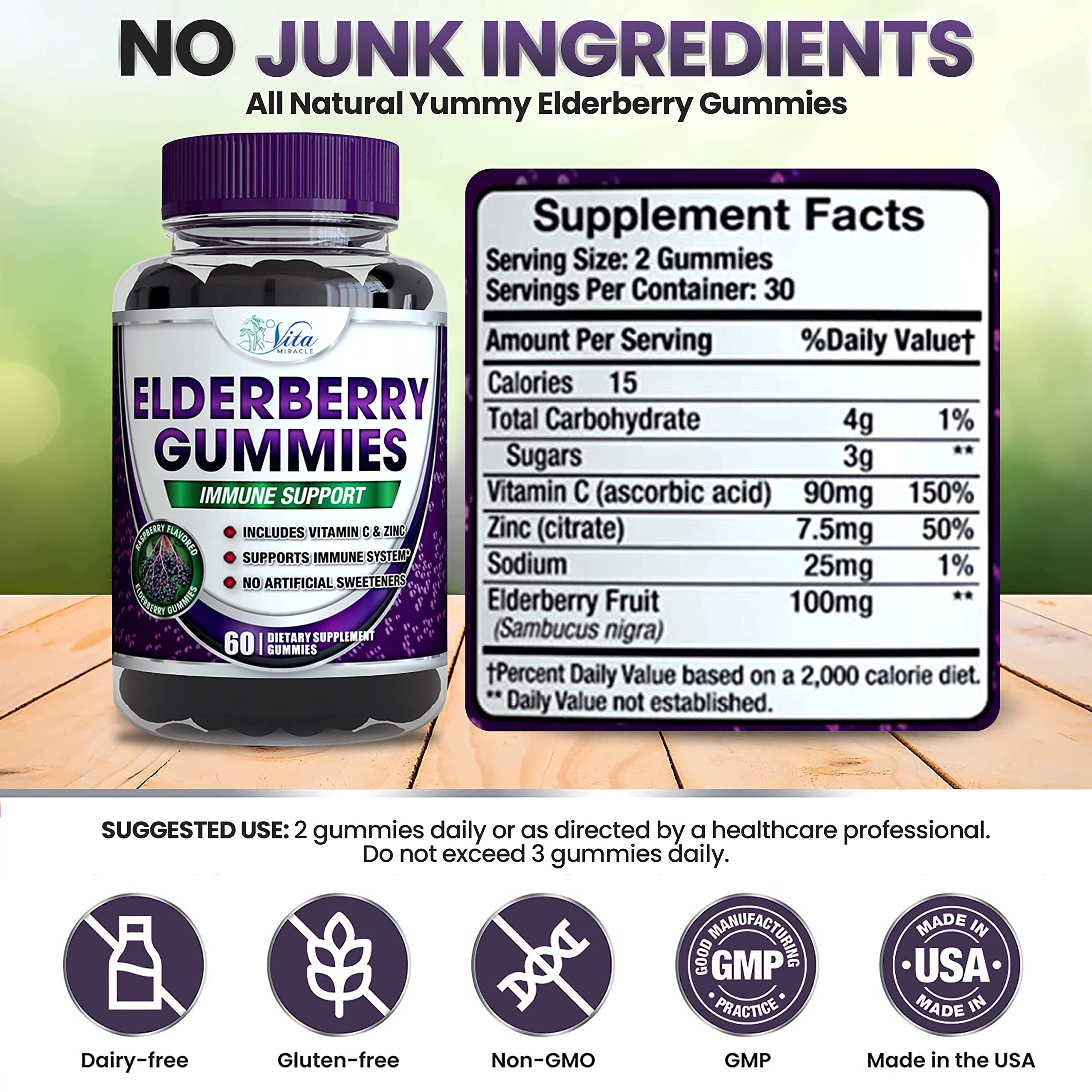Sambucus Elderberry Gummies for Adults & Kids with Vitamin C and Zinc High Potency Daily Immune Support Gummy Gluten Free Vegan Non-GMO All Natural 60 Count